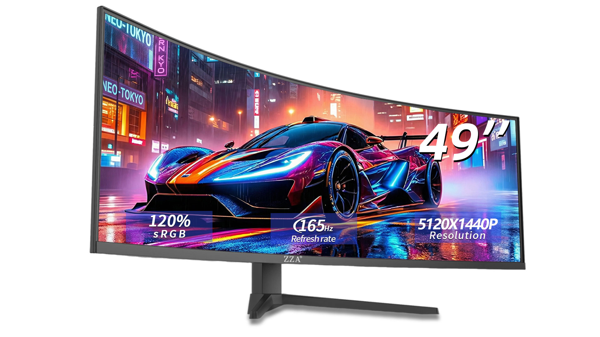 thumbnail video image 2 of ZZA 49" Curved Gaming Monitor | 5120x1440 Dual QHD, 165Hz, 1500R, 32:9 Ultra-Wide, AMD FreeSync, 120% sRGB, Height Adjustable, HDMI 2.1 & DisplayPort 1.4, VESA Mount, Black, 2 of 10