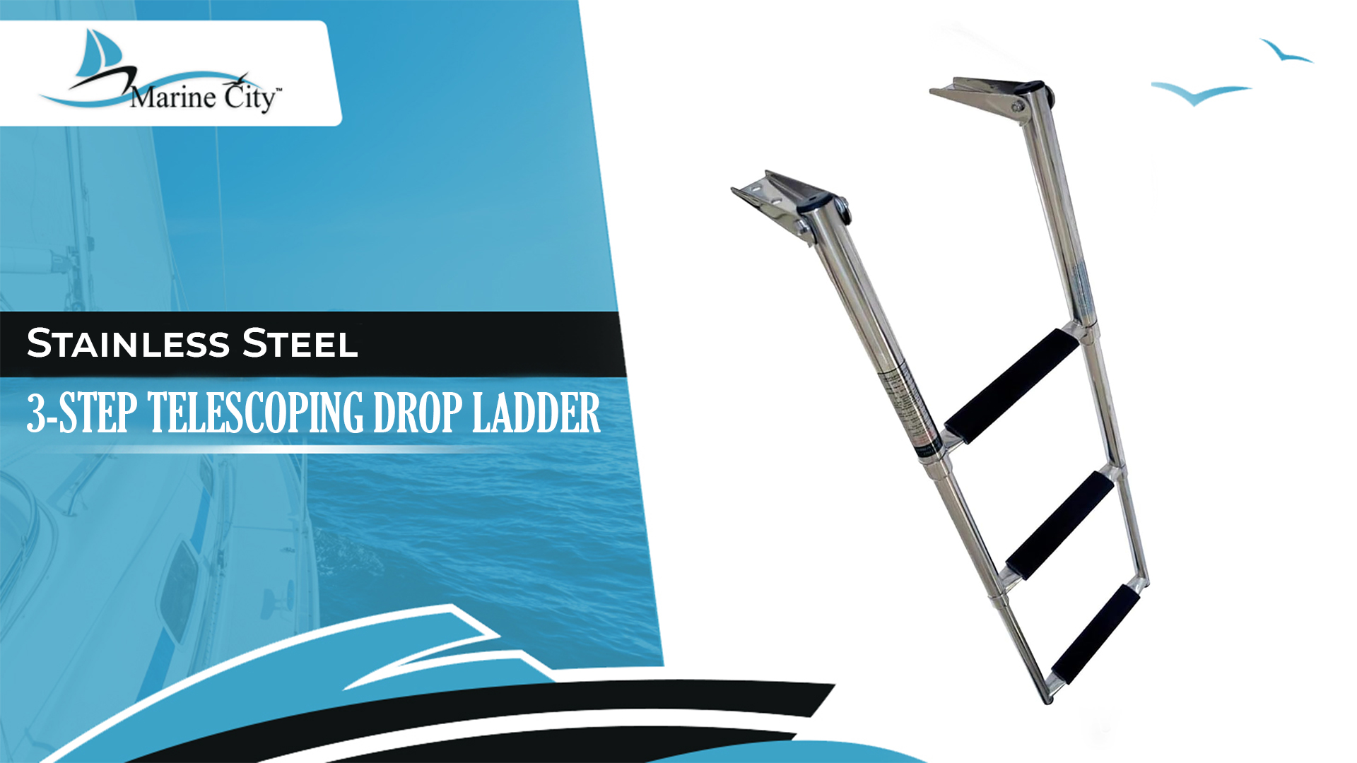 thumbnail video image 2 of MARINE CITY 3-Step Telescoping Drop Ladder  Polished 304 Stainless Steel, 400 lbs Capacity, Anti-Rattle Design  Ideal for Boats, Yachts, Marines Pack of 1, 2 of 8