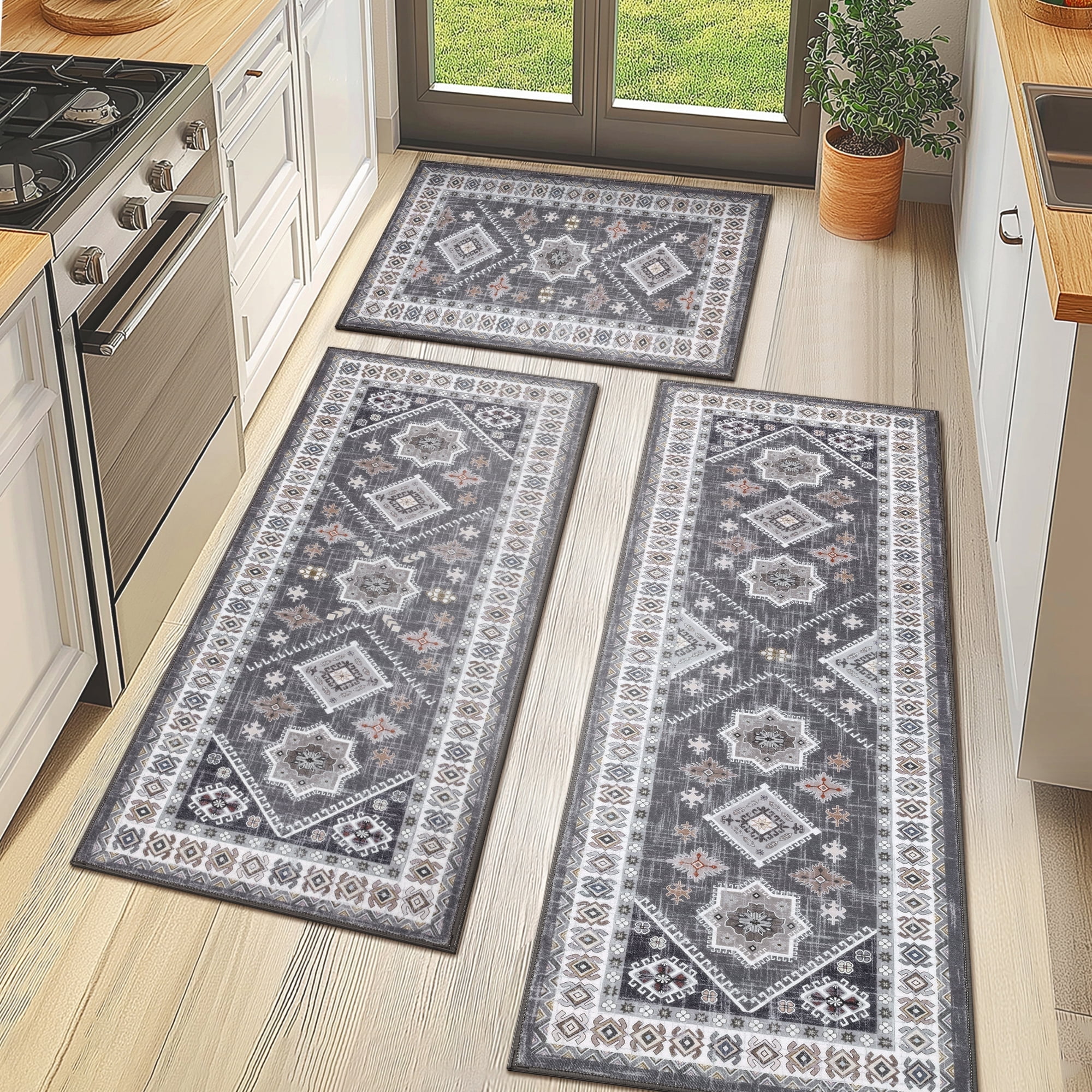 thumbnail video image 2 of MeyJey Vintage Kitchen Rug Set, 3 Piece Non-Slip Kitchen Mat Machine Washable Runner Rug for Home Floor and Living Room, Navy/Blue/Gray, 2 of 15