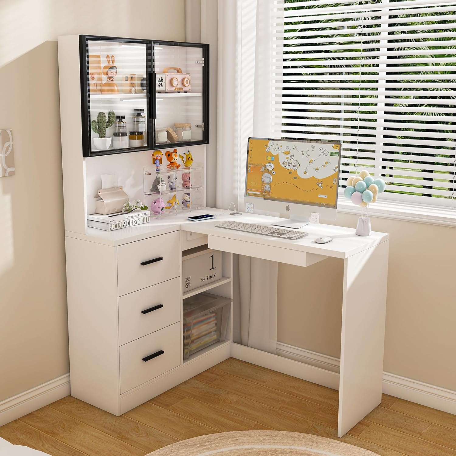 thumbnail video image 2 of Montary Corner L-Shaped Computer Desk with Glass Display Cabinets & Built-in LED Lights - Office Desk with USB Charging Ports, Keyboard Tray,Compact and Functional Design,White, 2 of 10