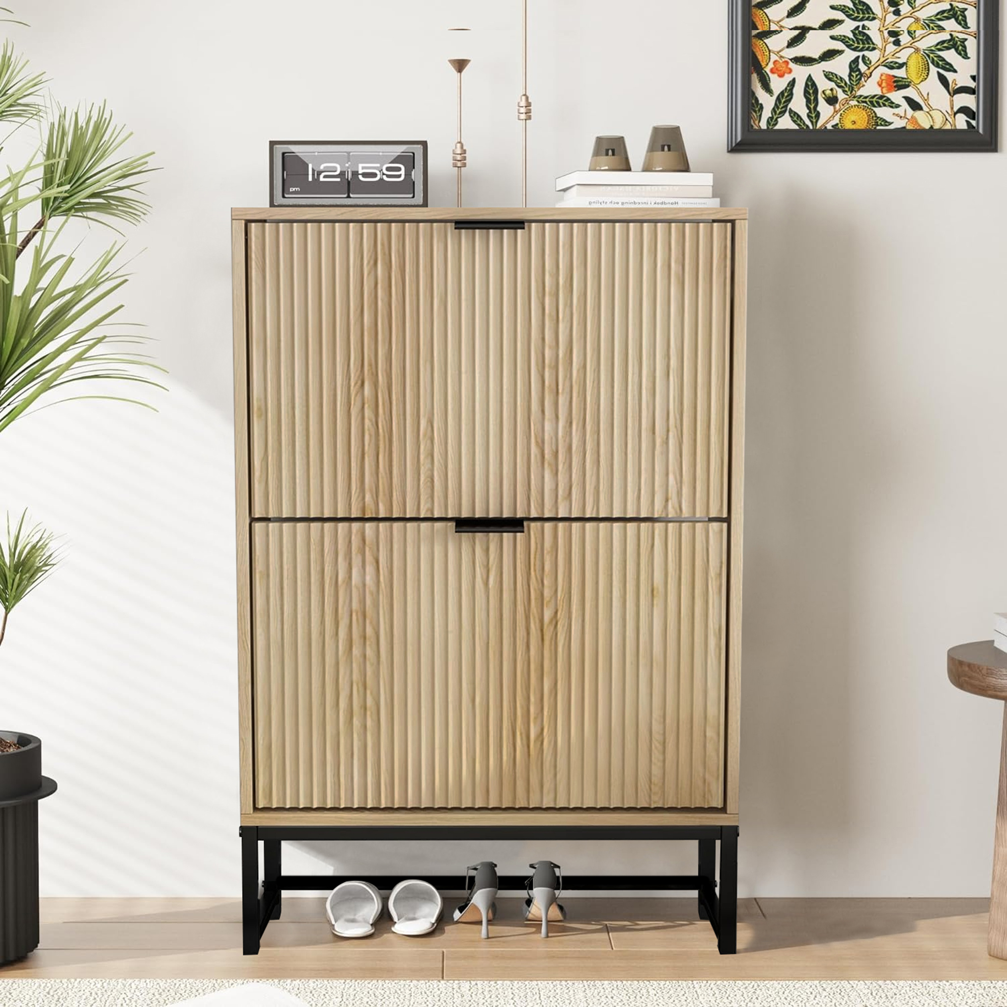 thumbnail video image 2 of Oubayajia Modern Shoe Storage Cabinet, Freestanding Narrow Wood Shoe Rack Organizer with 2 Flip Drawers, 2 of 9