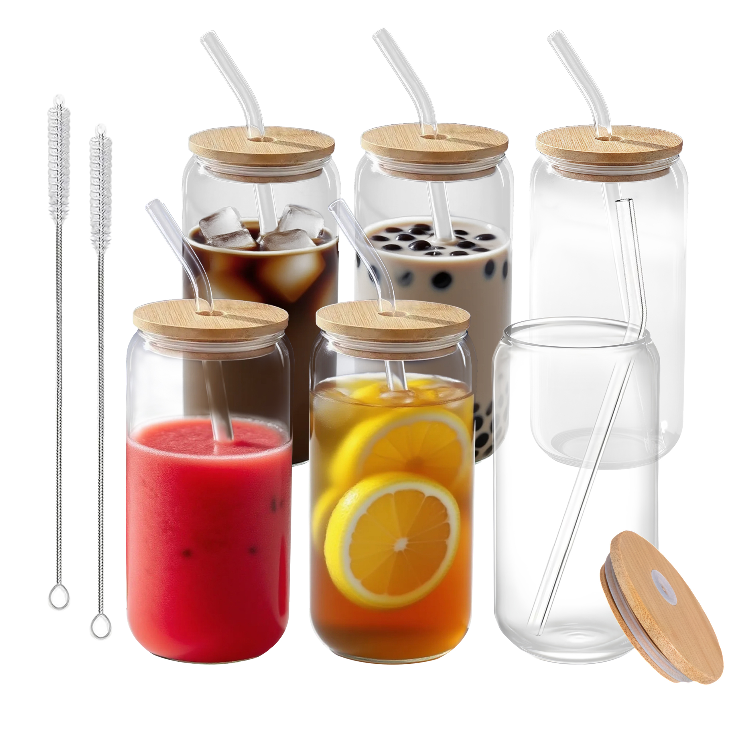 thumbnail video image 2 of 16oz 6Pcs Glass Cups with Lids and Straws, Glass Tumbler Set for Home or Office, Clear Can-Shaped Drinkware for Camping, 2 of 14