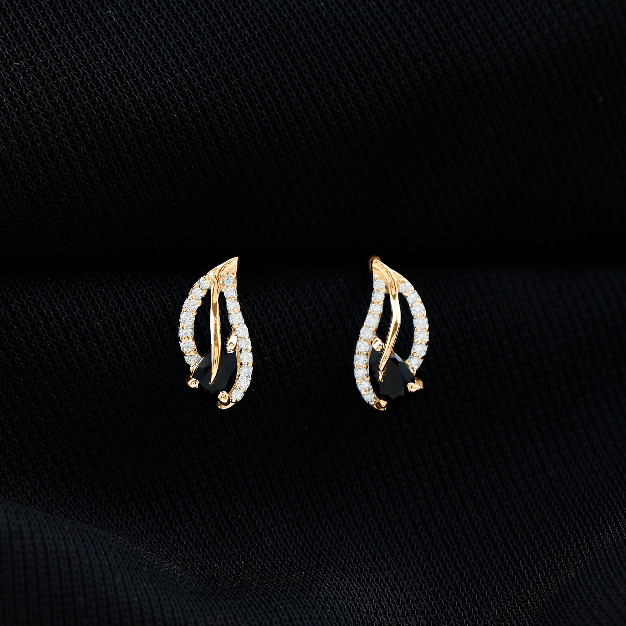 thumbnail video image 2 of Rosec Jewels 0.50 CT Pear Shape Black Onyx and Moissanite Leaf Stud Earrings, 925 Sterling Silver, 2 of 7