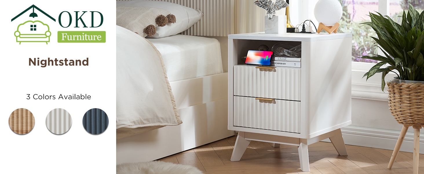 thumbnail video image 2 of OKD Fluted Nightstand Set of 2 with Charging Station, Modern Side Table with Faux Marble Top, 2 Drawers End Table w/Storage, Bedside Table for Bedroom, Living Room, Natural Oak, 2 of 8