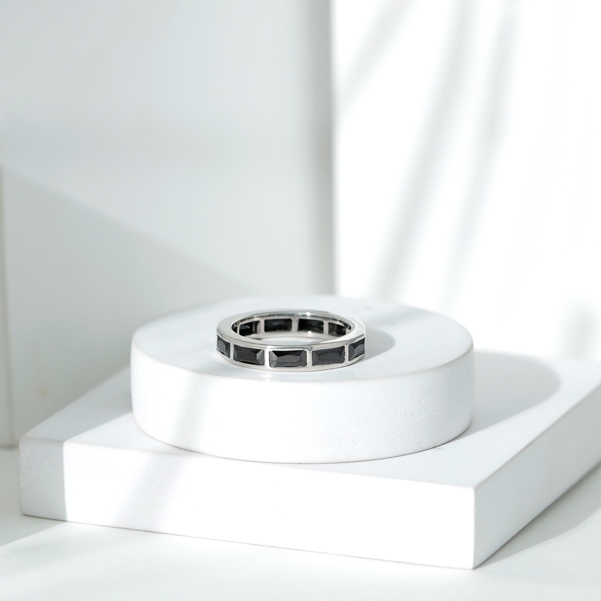 thumbnail video image 2 of Rosec Jewels Lab Grown Black Diamond Baguette Eternity Band for Women - East West Full Eternity Band - AAAA Grade - Ready to Gift, 18K White Gold, US 7.50, 2 of 7