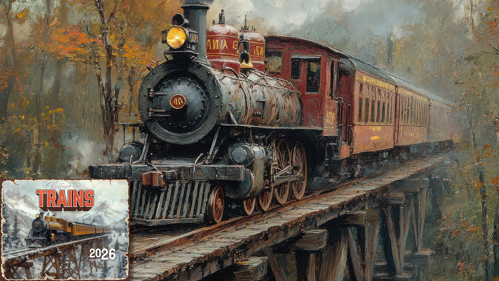 thumbnail video image 2 of 2026 Vintage Trains Wall Calendar 16-Month X-Large Size 14x22, Retro Old Trains Calendar by The KING Company-Monster Calendars, 2 of 7