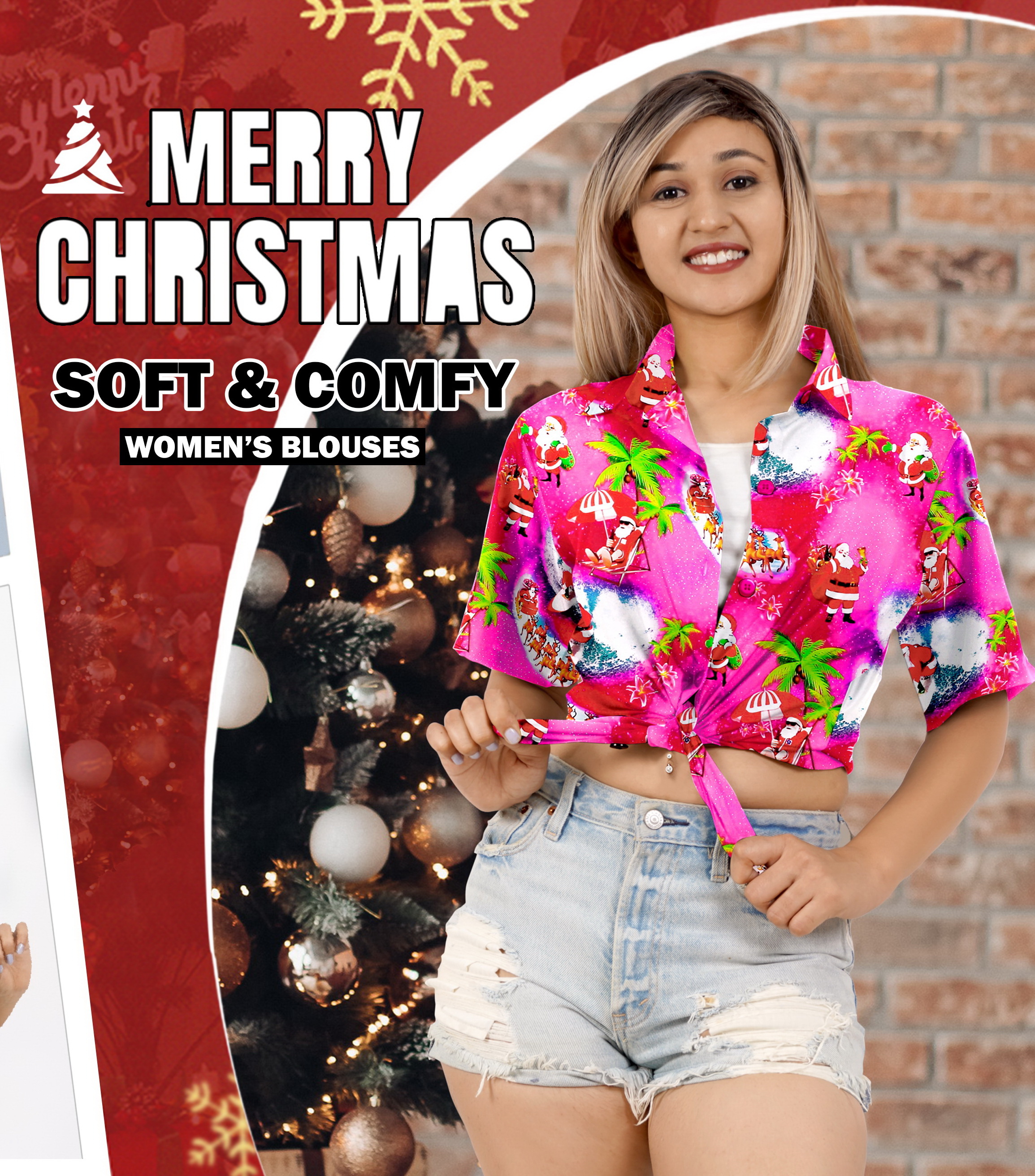 thumbnail video image 2 of LA LEELA Women's Beach Funny Santa Claus Party Blouse Shirt Tops Button Down Shirts Christmas Tree Hawaiian Blouses for Women S Xmas Gifts, Pink, 2 of 7