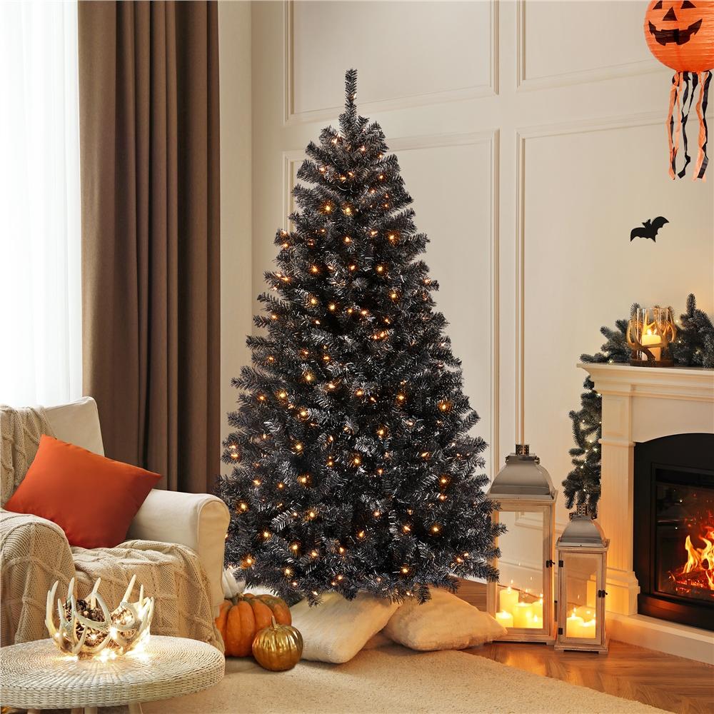 thumbnail video image 2 of Alden Design Clear Prelit Incandescent Black Hinged Spruce Artificial Christmas Tree, 6', 2 of 11