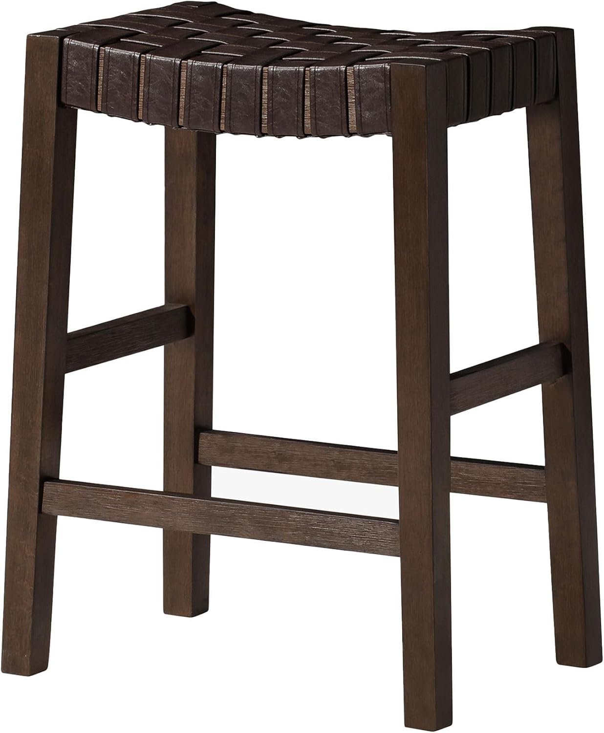thumbnail video image 2 of Maven Lane Emerson Counter Stool, Weathered Brown Wood Finish with Marksman Saddle Vegan Leather, 2 of 12