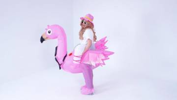 thumbnail video image 2 of Inflatable Flamingo Costume for Adults and with Pink Hat, Blow Up Ride on Flamingo Costume for Halloween Christmas Party, Funny Costume for Men & Women (4.9-6.2 ft), 2 of 9