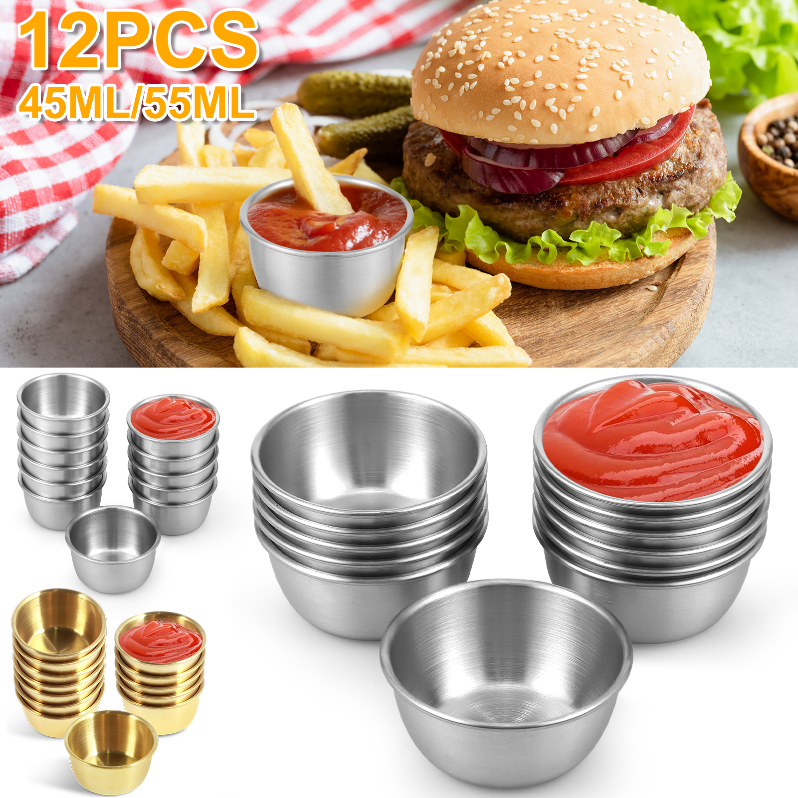 thumbnail video image 2 of 12 Pcs Sauce Dipping Bowl 304 Stainless Steel Dipping Cups Round Sauce Dishes 1.58 oz (45ml) 2.17"x1.57"x1.06" Mini Reusable Seasoning Cups Dipping Cups for Home Party Restaurants Silver, 2 of 9