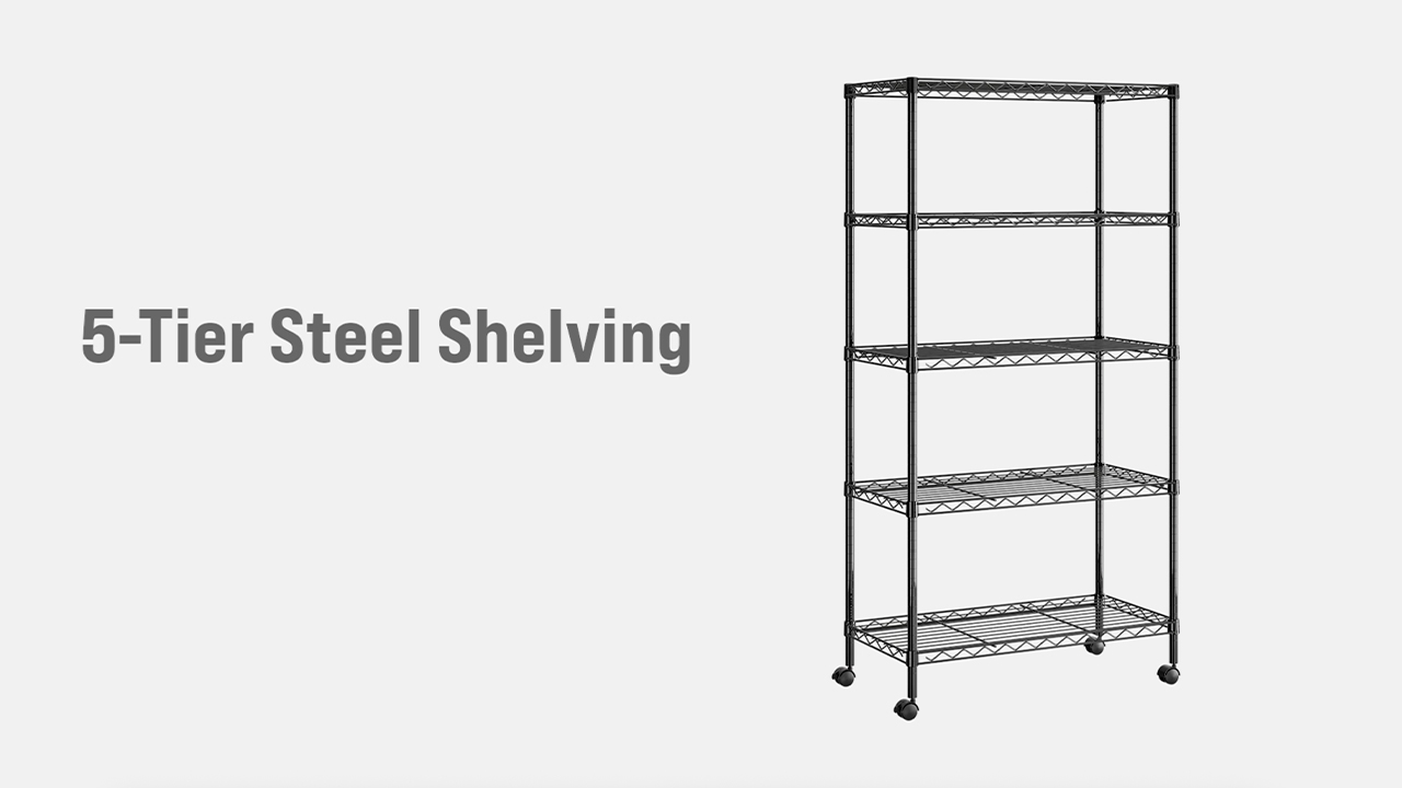 thumbnail video image 2 of Seville Classics 5-Tier Steel Wire Shelving with Wheels, 30" W x 14" D x 60" H, Black, 2 of 8