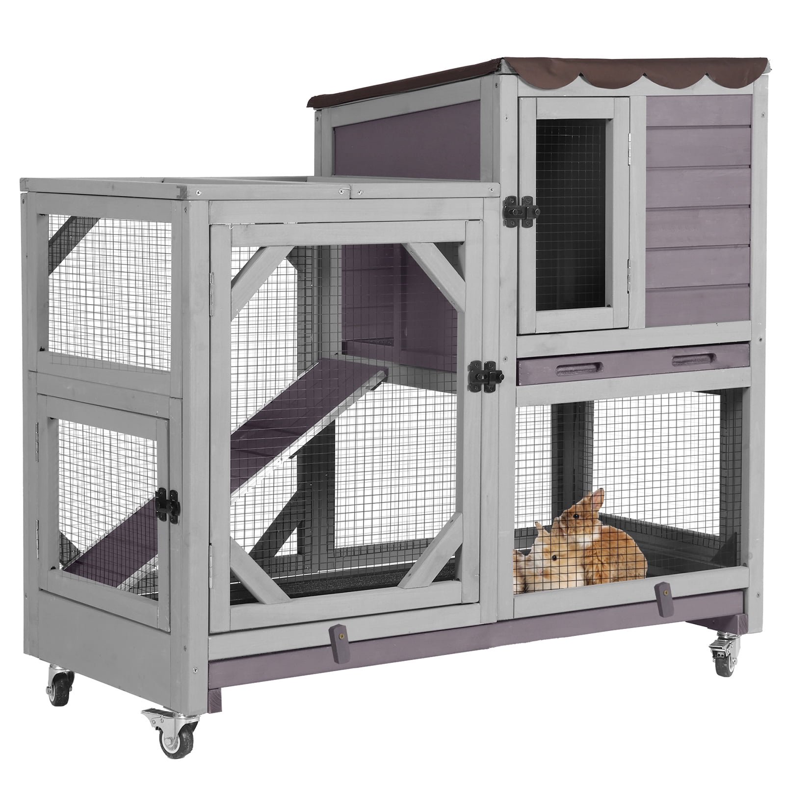 thumbnail video image 2 of Aivituvin 39" 2-Story Rabbit Hutch, Wooden Bunny Cage with Chew-Proof Ramp, 2 Leak-Proof Pull-Out Trays and Lockable Wheels for Guinea Pigs & Small Pets, Gray, 2 of 10