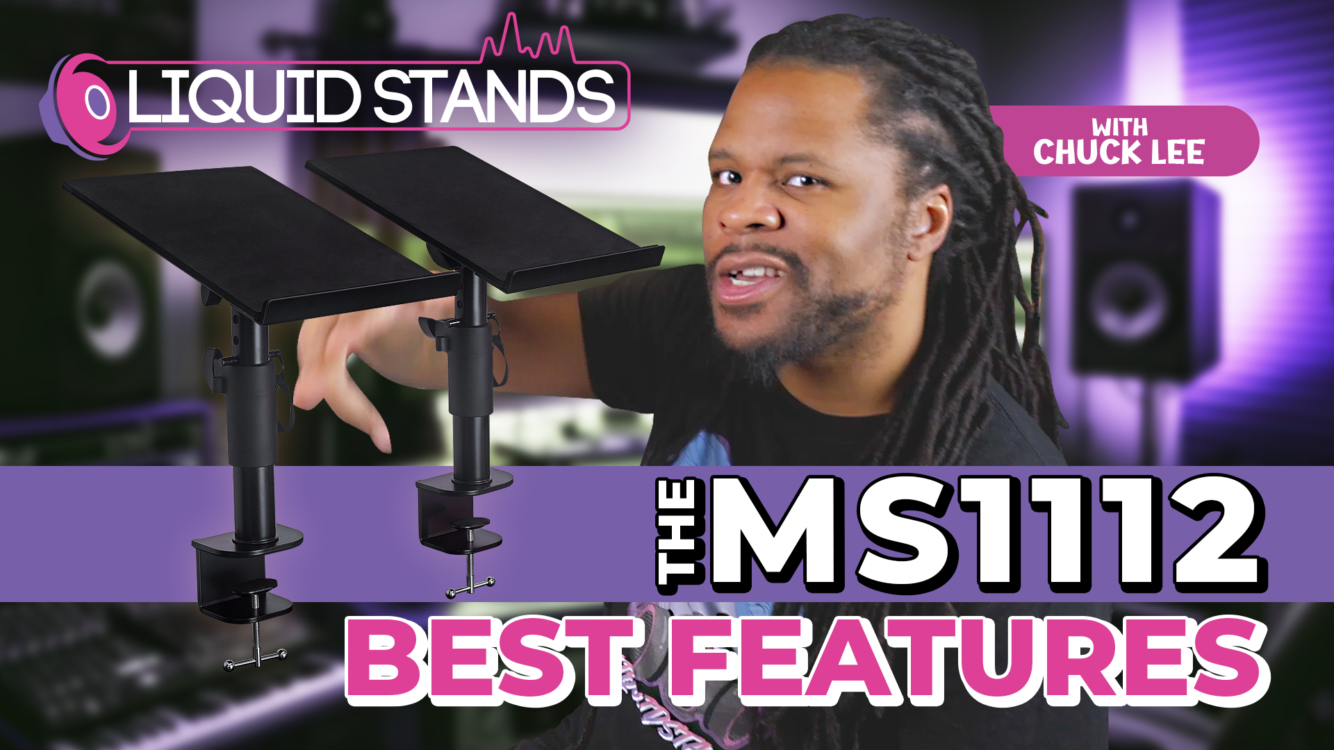 thumbnail video image 2 of Liquid Stands Studio Monitor Stands - Music Studio Desktop Speaker Stands - 2 Pack 12x9 Clamp-on Adjustable Short or Tall Monitor Speaker Stands for Music Studio Desk Speaker Stand Mount with Tilt, 2 of 8