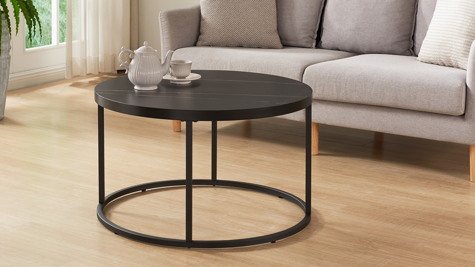 thumbnail video image 2 of 31.5" Black Marble Round Coffee table, 1.4" Thick Top,  Modern Industrial Ottoman Style, Wood and Metal, Max. Weight 220 lbs., 2 of 7
