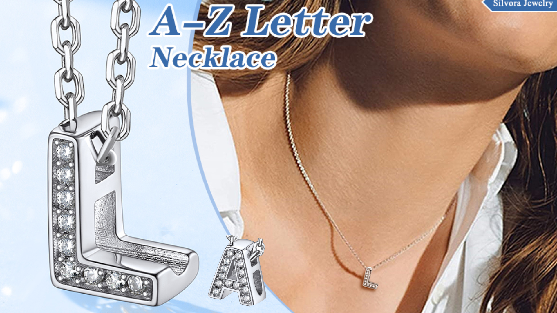 thumbnail video image 2 of Silvora Sterling Silver Letter Initial Pendant Necklace for Women Cubic Zirconia A-Z Alphabet Birthday Christmas Anniversary Jewelry Gift for Her, 2 of 9