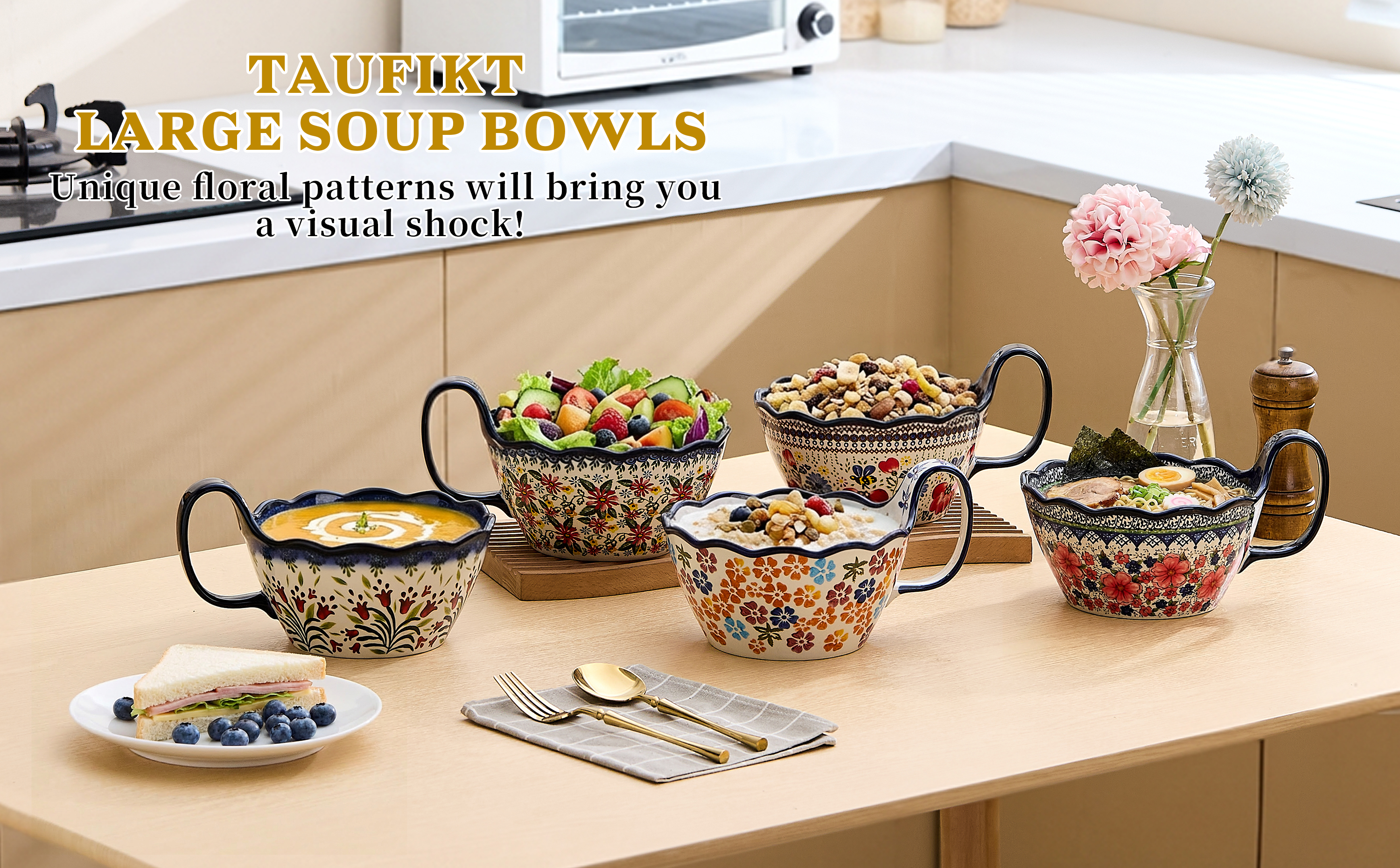 thumbnail video image 2 of Handpainted Large Soup Bowl with Handle, 34 oz French Onion Soup Bowls Microwave & Oven Safe, Polish Pottery Pasta Bowls Large Serving Bowl, Decorative Bowl for Soup, Stew, Cereal (Redflower), 2 of 10
