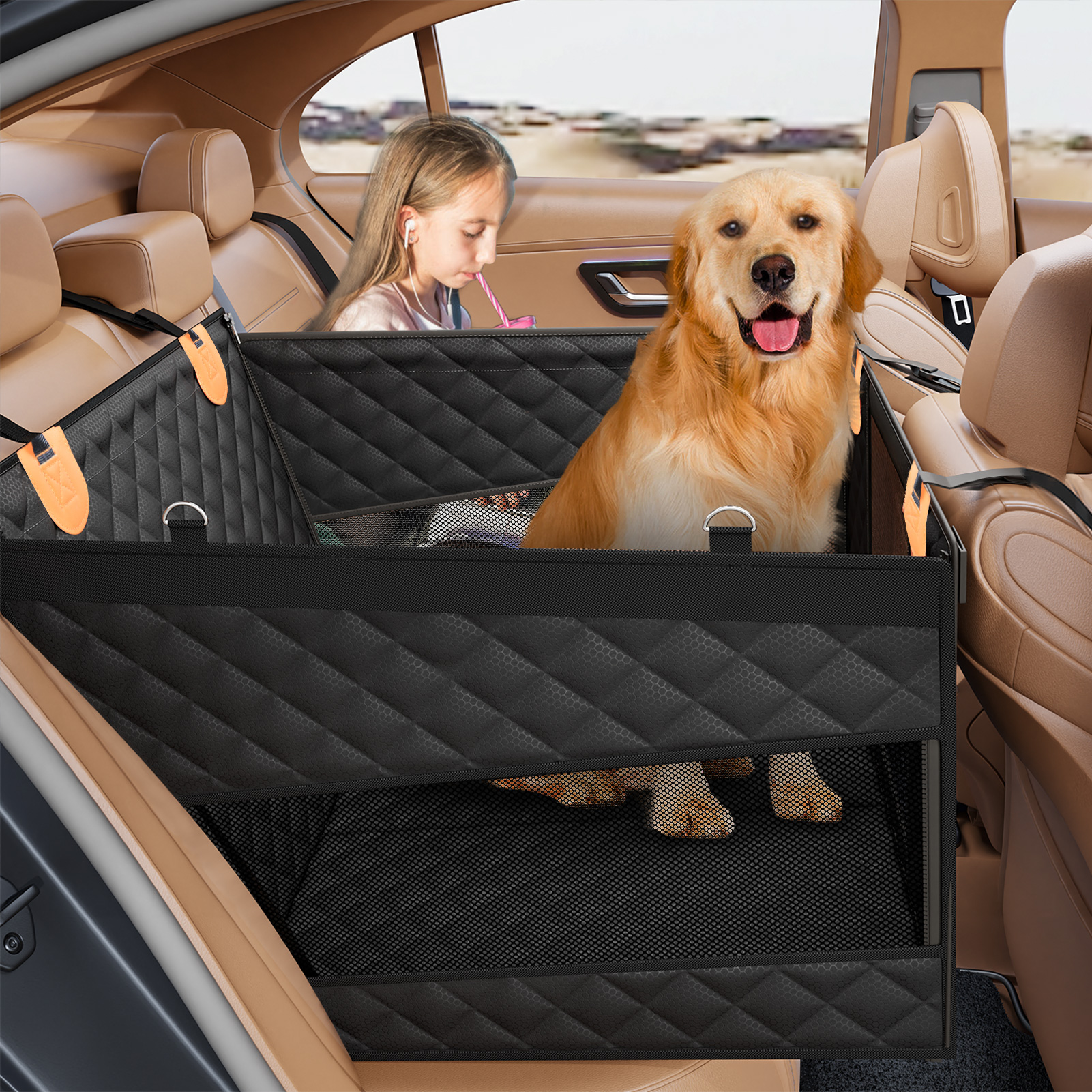thumbnail video image 2 of SMATTO Large Dog Car Seat, Back Seat Extender for Dogs with 3 Mesh Windows, Waterproof Medium Carseat for Dogs with 4-Splice Hard Bottom, Pet Seat Cover for Cars, Trucks and SUVs (Black), 2 of 10
