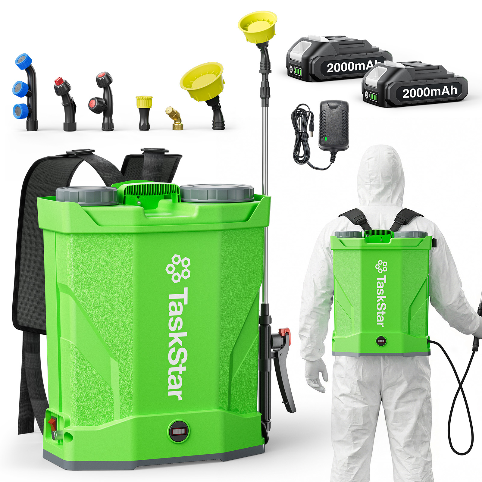 thumbnail video image 2 of Taskstar 4 Gallon 2*2000mAh Battery Powered Electric Backpack Sprayer,100 PSI,32" Wand, 6 Nozzles,Cordless Lawn Garden Weeds Killer Sprayer, 2 of 10