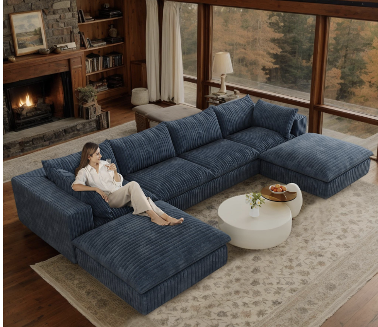 thumbnail video image 2 of Corduroy Boneless Sofa Couch with Ottoman, Thick Cushion & Memory Foam, L Shape Flexible Modular Sectional Couches, No Assembly Required, 158" W Cozy Cloud Fluffy Sofa for Living Room, 2 of 11