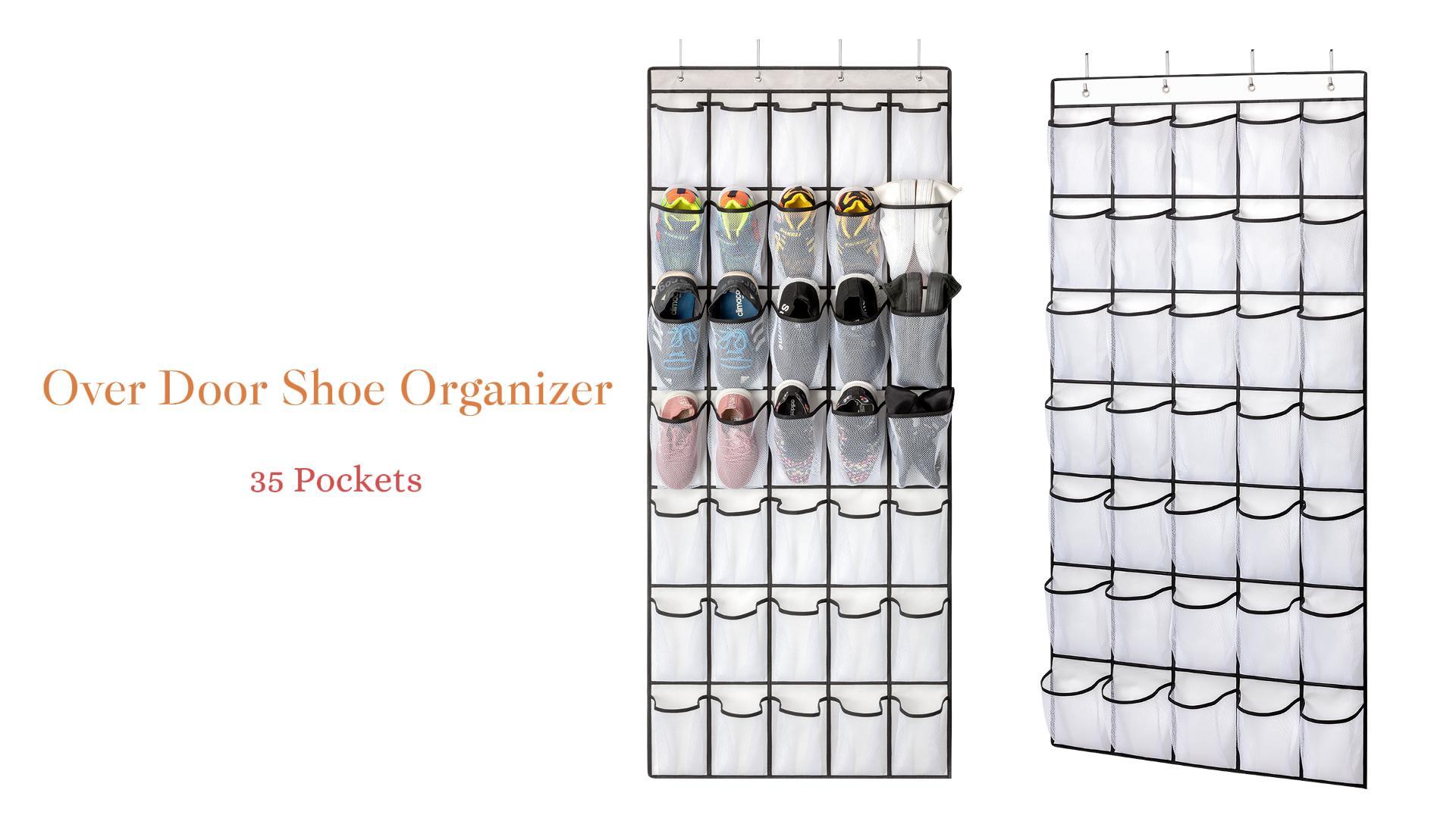 thumbnail video image 2 of KEEPJOY 35 Pockets Over the Door Shoe Organizer, Hanging Shoe Organizer for Door with 35 Mesh Pockets Large Capacity Shoe Hanging Storage Bag with 4 Metal Hooks (Pink-1Pack), 2 of 8