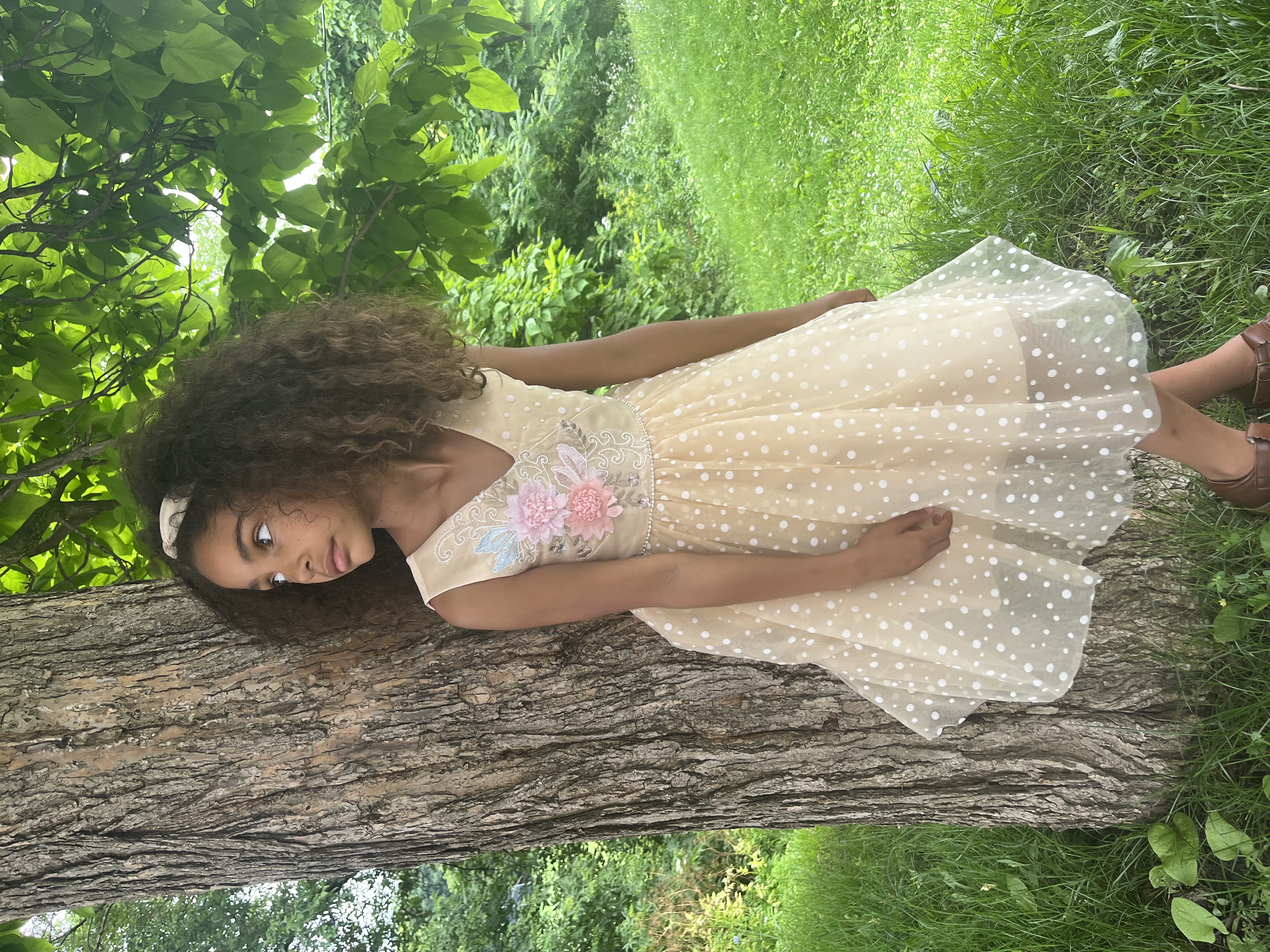 thumbnail video image 2 of Girls Dress Beige Polka Dot Floral Embroidery Pearl V Neck Sleeveless 8 Years, 2 of 9