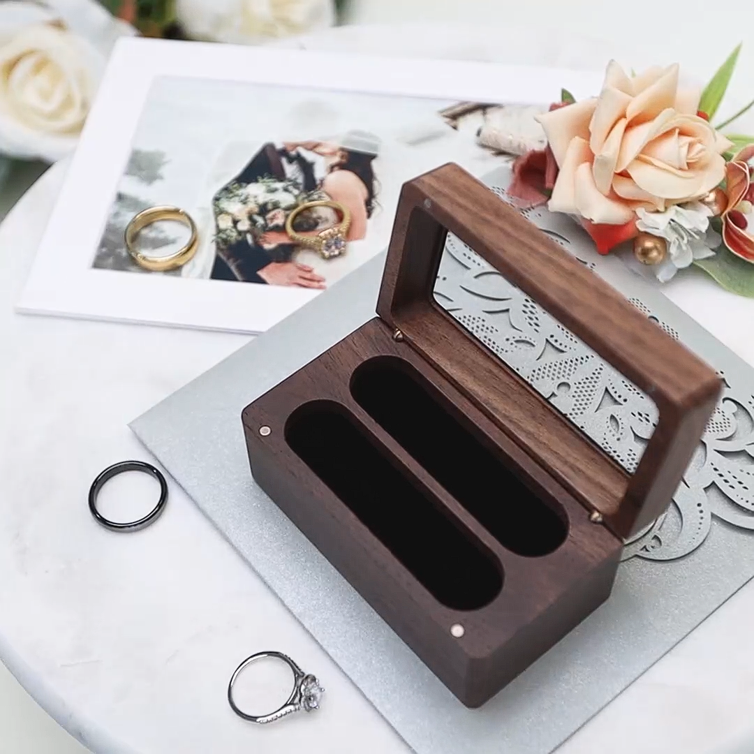thumbnail video image 2 of MUUJEE Quad Wooden Ring Box for Wedding Ceremony - Engraved Ring Holder Box for Engagement Proposal Anniversary and Valentines Day Gift for Him or Her (Glass Lid), 2 of 6