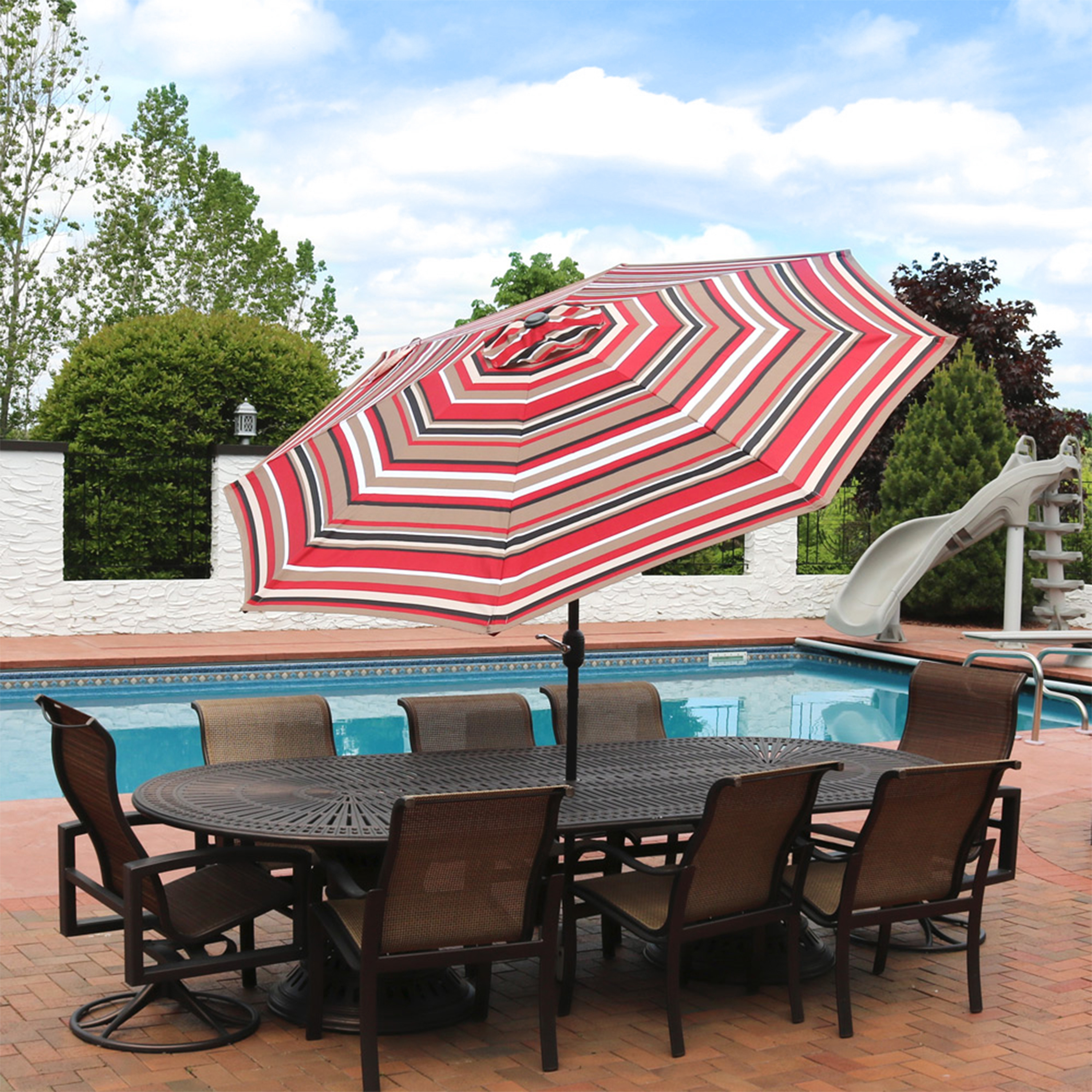 thumbnail video image 2 of Sunnydaze Striped 9' Navy Blue Patio Umbrella, 2 of 11