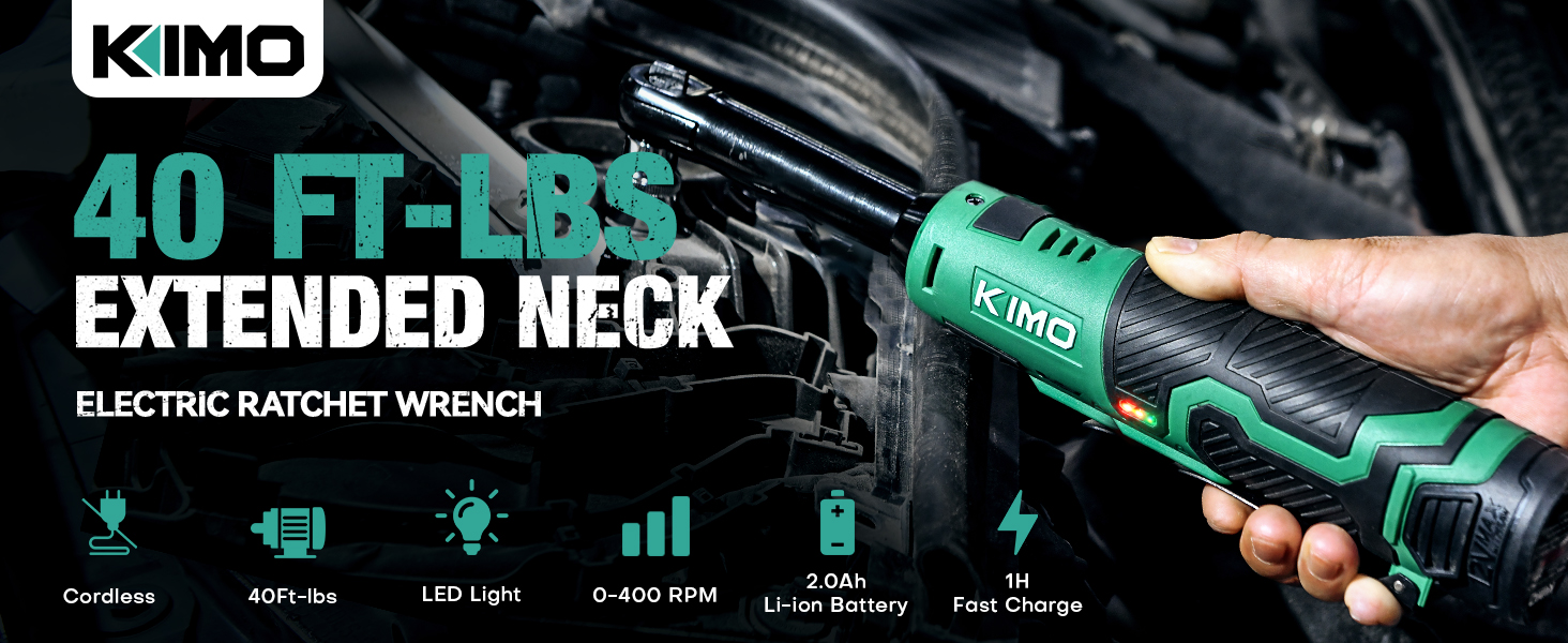 thumbnail video image 2 of KIMO 3/8" 12V Extended Electric Ratchet Wrench Set, 40 Ft-Lbs 400 Rpm, 2-Pack 2.0 Ah Batteries, 1 Hour Fast Charger & 8 Sockets, Variable Speed & LED Light, 2 of 12