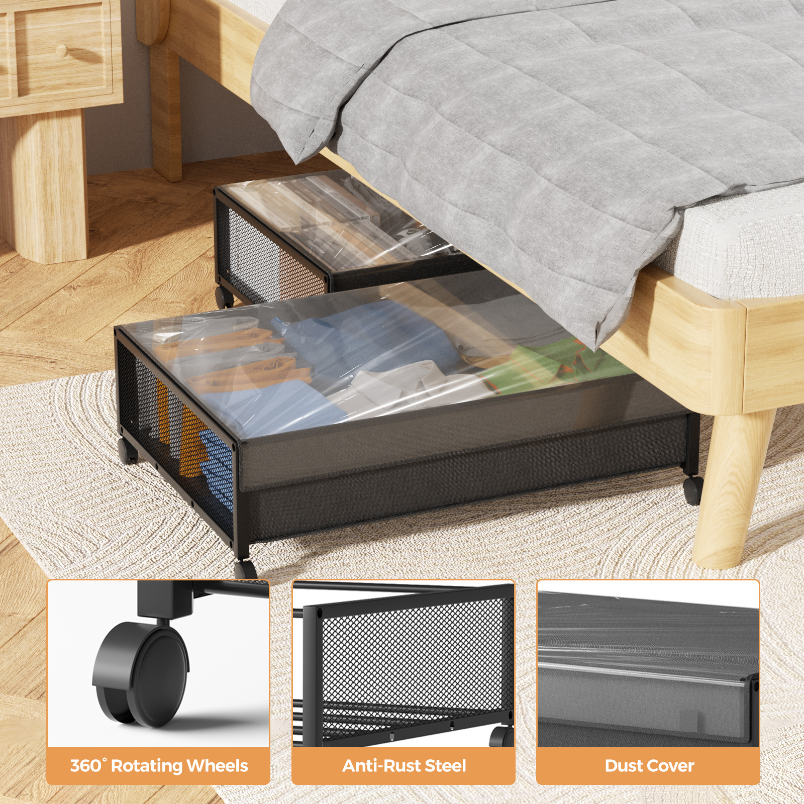 thumbnail video image 2 of AMONSEE 2 Pack Under Bed Storage with Wheels,Large Metal Storage Bins with Lids for Storing Clothes,Shoes,Bedding, 2 of 9