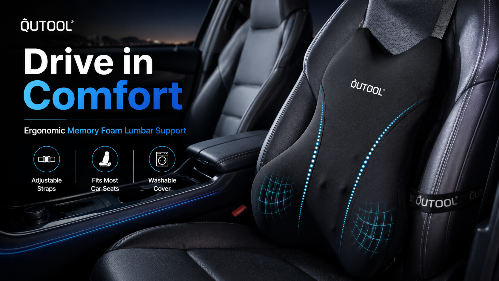 thumbnail video image 2 of QUTOOL  Car Lumbar Support Pillow, Contoured Memory Foam Back Cushion with Adjustable Straps for Driving, Car, SUV & Truck, Black, 2 of 10