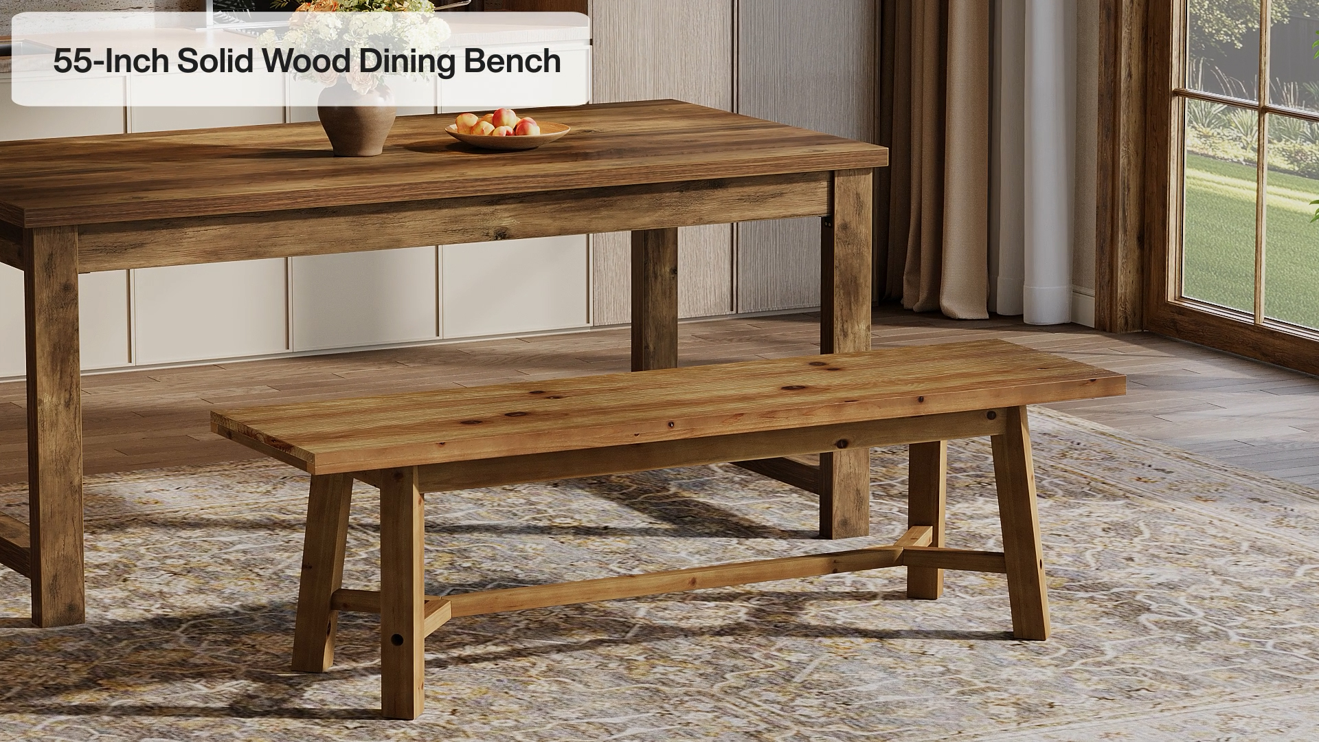 thumbnail video image 2 of Finmind 55.12-inch Solid Wood Dining Bench, Farmhouse Long Kitchen Bench with Strengthened Legs for Dining Room, Kitchen, Living Room, Brown, 2 of 10