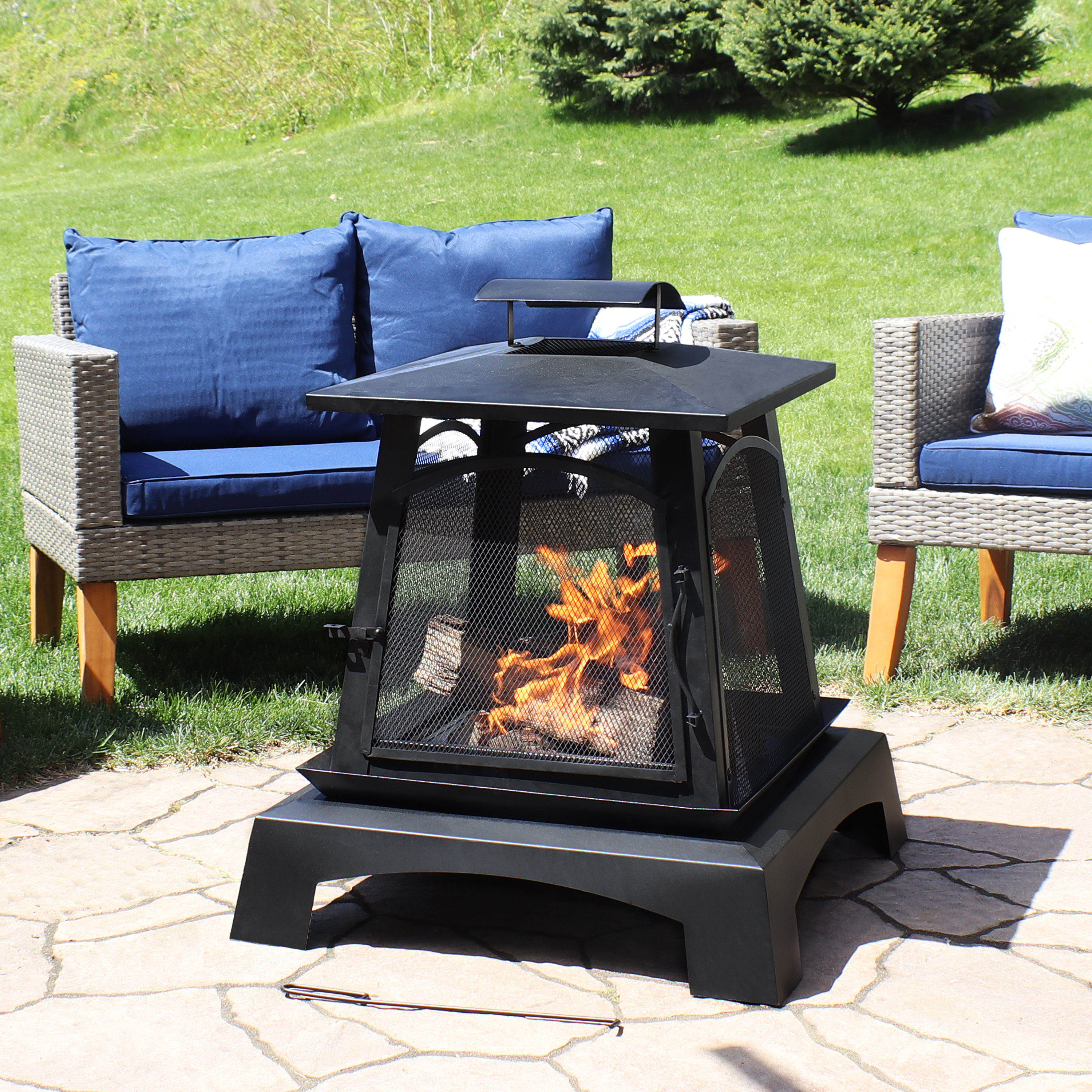 thumbnail video image 2 of Sunnydaze Pagoda Style Steel with Black Finish Outdoor Fireplace - 32", 2 of 9