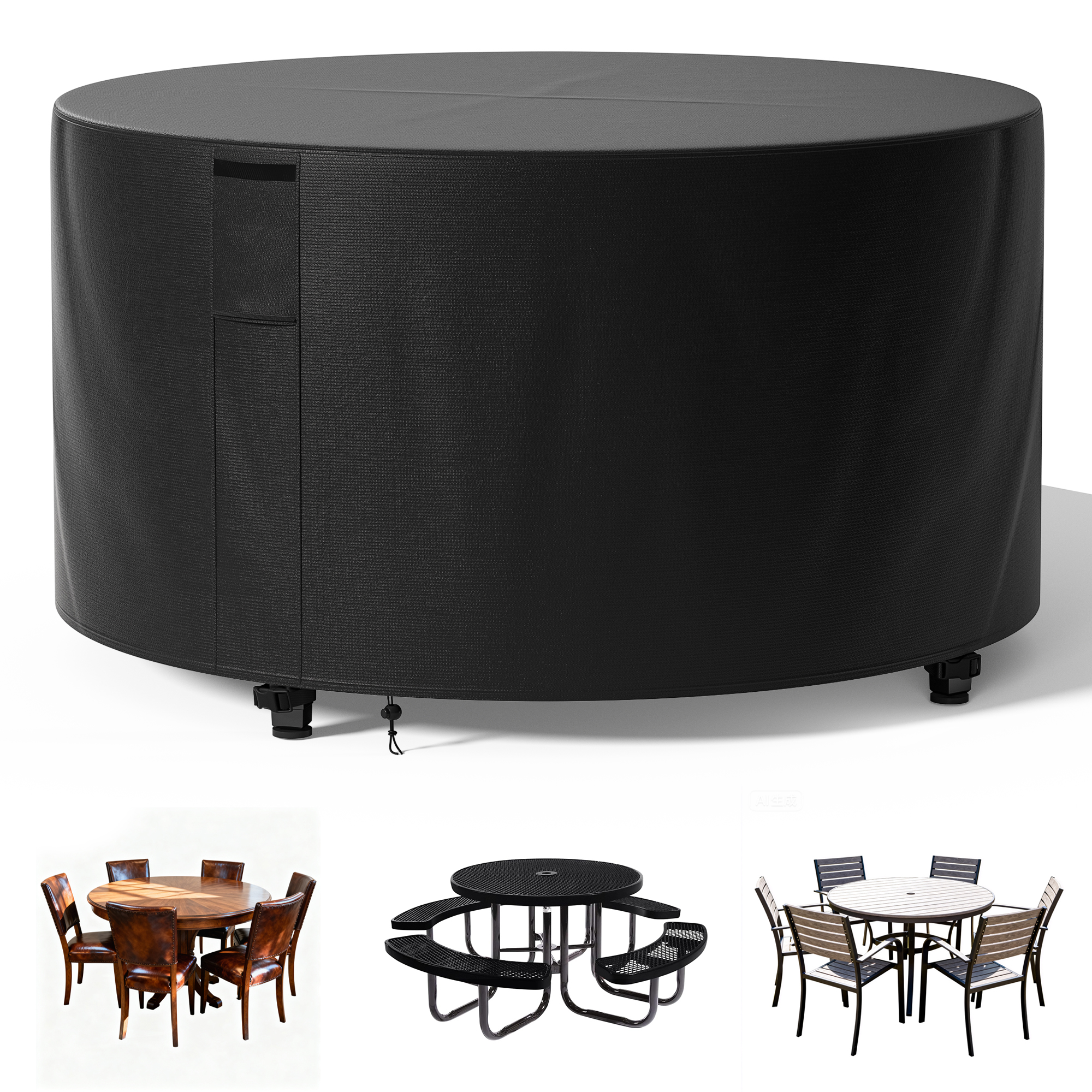 thumbnail video image 2 of Agricasst Round Patio Furniture Cover, Outdoor Furniture Covers with 4 Adjustable Buckles & 1 Drawstring, 420D Waterproof UV Resistant Outside Table Chair Covers for Table Dining Set,57x31Inch, 2 of 12