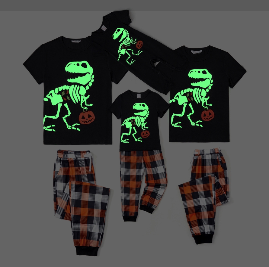 thumbnail video image 2 of PatPat Halloween Pajamas Family Matching Glow in the Dark Dinosaur Graphic Tee Plaid Pants Pajamas Sets with Pockets for Baby, Black, 12-18 Months, 2 of 10