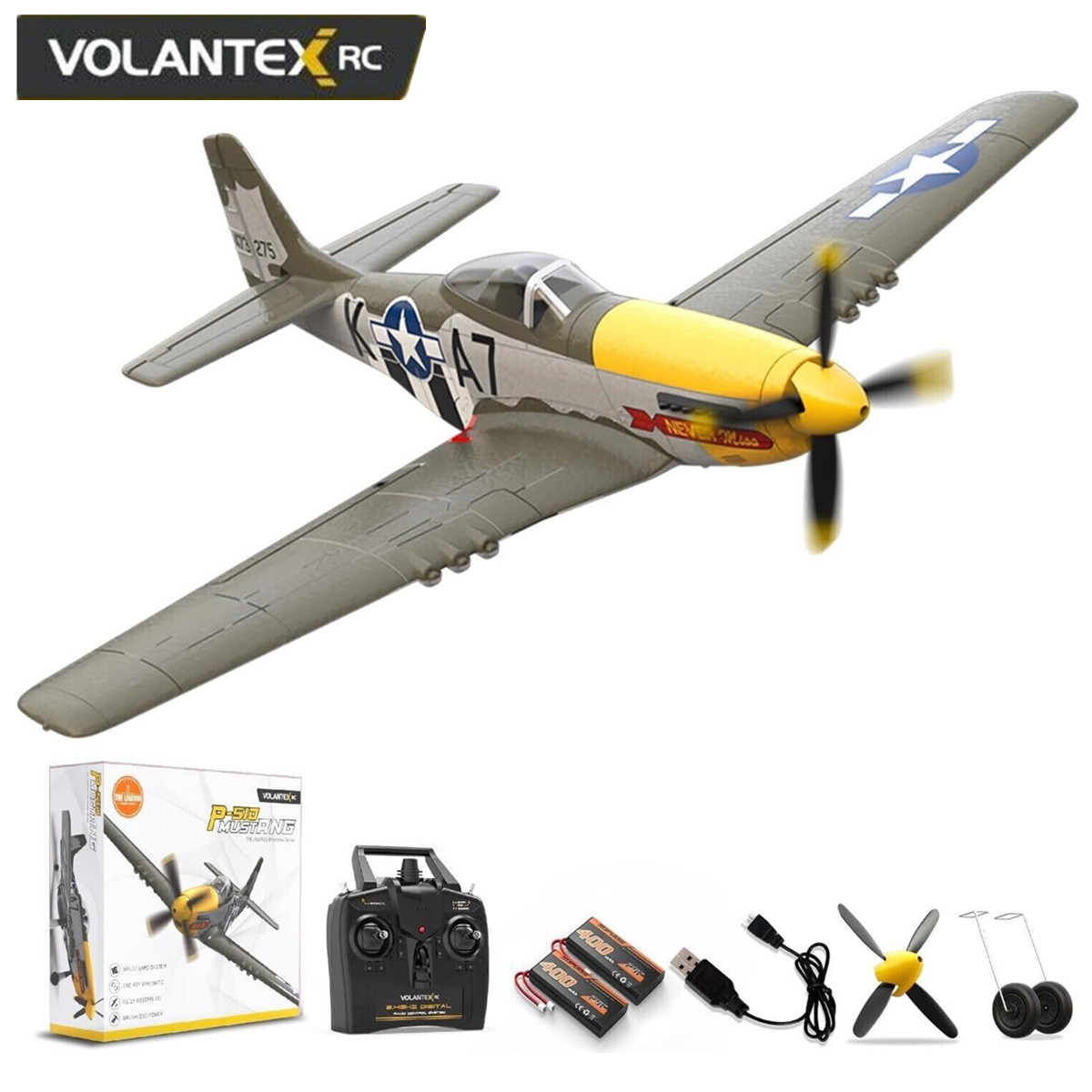 thumbnail video image 2 of Volantex P51D Mustang RC Plane 2.4G 4CH RC Aircraft Aerobatics RTF Glider For Age 8+ &Adults, 2 of 12
