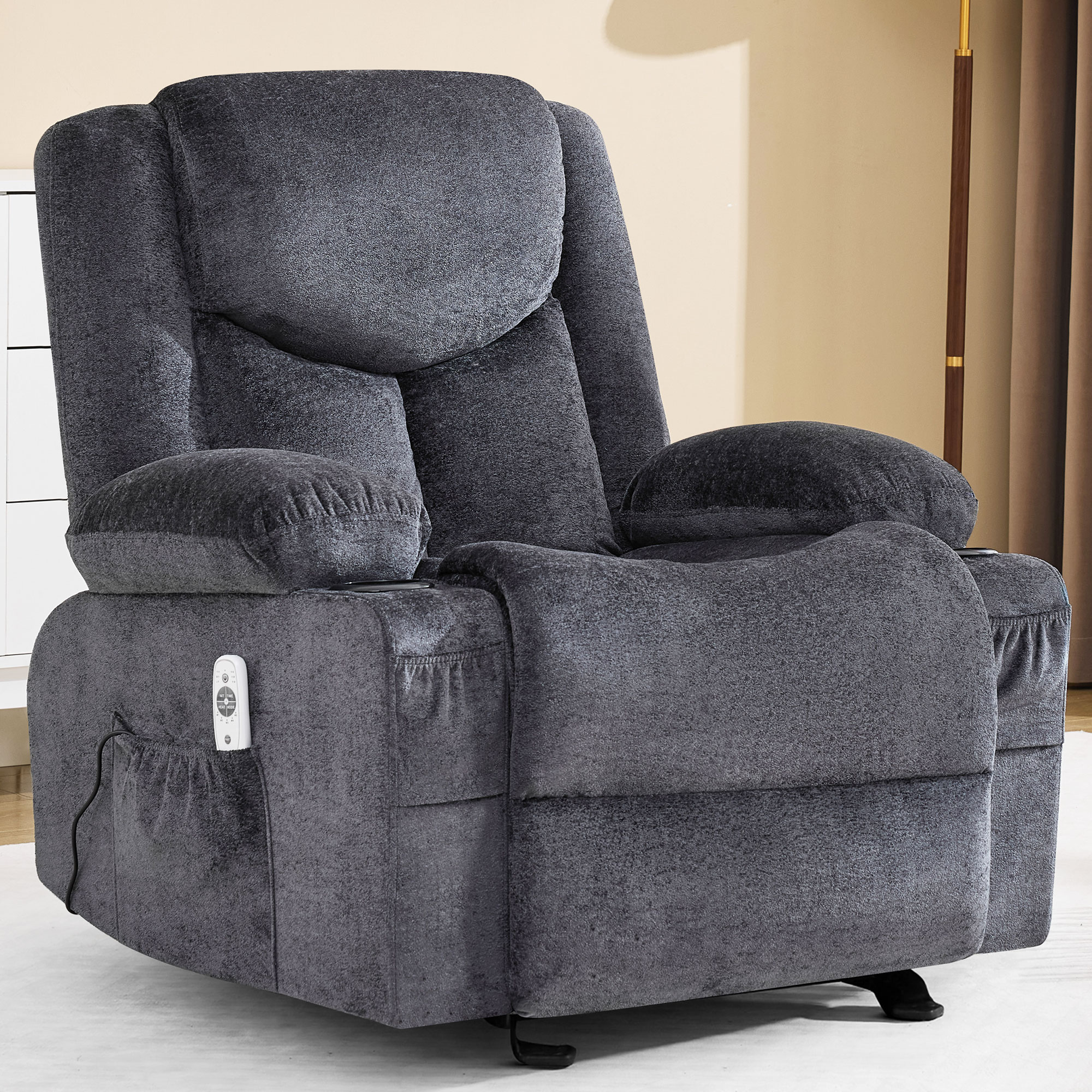 thumbnail video image 2 of JONPONY Manual Recliner Chair with Heat Therapy and Massage Function, Heavy Duty Reclining Mechanism Massage Chair, Elderly Single Rocker Sofa with Cup Holders for Bedroom Home Theater,Grey, 2 of 11
