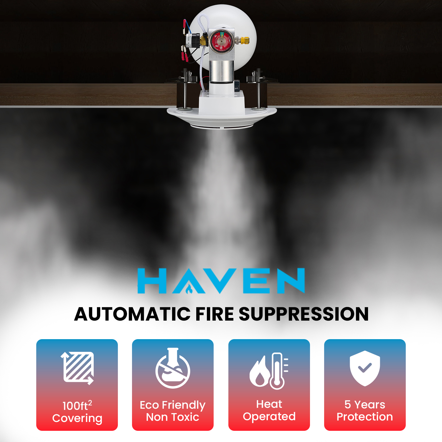 thumbnail video image 2 of Haven Automatic Heat-Activated Fire Suppression Device 155F (68C) RATED - Non-Toxic, ABC, 5 Year Worry-Free Industrial and Urban Protection Great for Home, Boiler Rooms, Near Fire Places,, 2 of 7