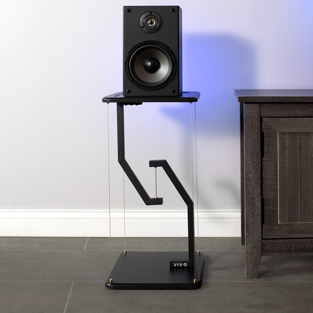 thumbnail video image 2 of VIVO Rustic Vintage Brown/Black Tensegrity Speaker Floor Stand Floating Platform, 2 of 6