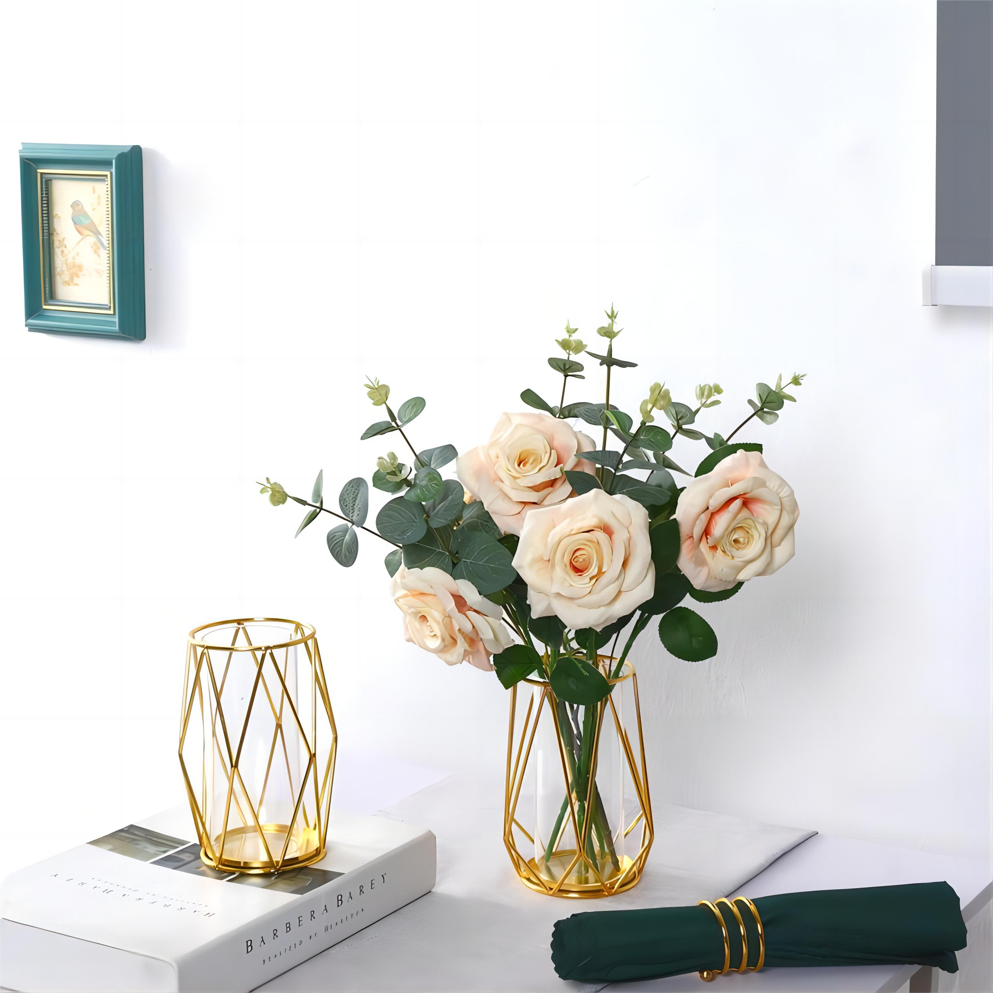 thumbnail video image 2 of CasaVibe 2-Pack Gold Geometric Vase Set: Clear Glass Metal Frame Vases for Home/Table/Wedding Decor, 2 of 7