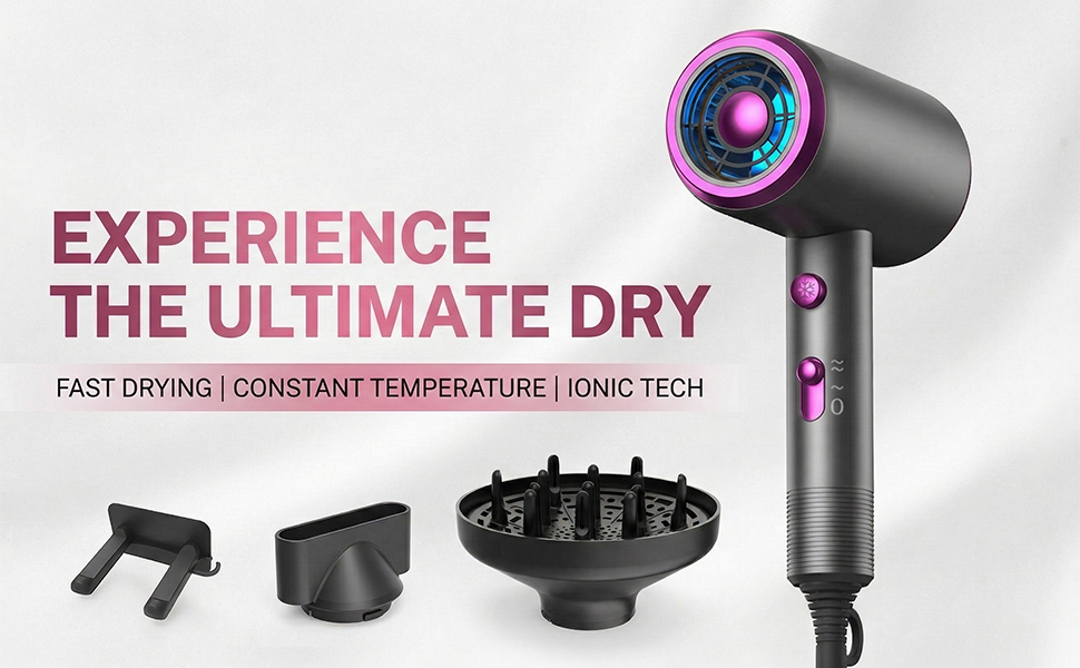 thumbnail video image 2 of Professional Ionic Hair Dryer, Powerful 1600W Fast Drying Low Noise Blow Dryer with Concentrator Nozzle Diffuser Attachments for Home Salon Travel,ALCI Safety Plug, 2 of 8