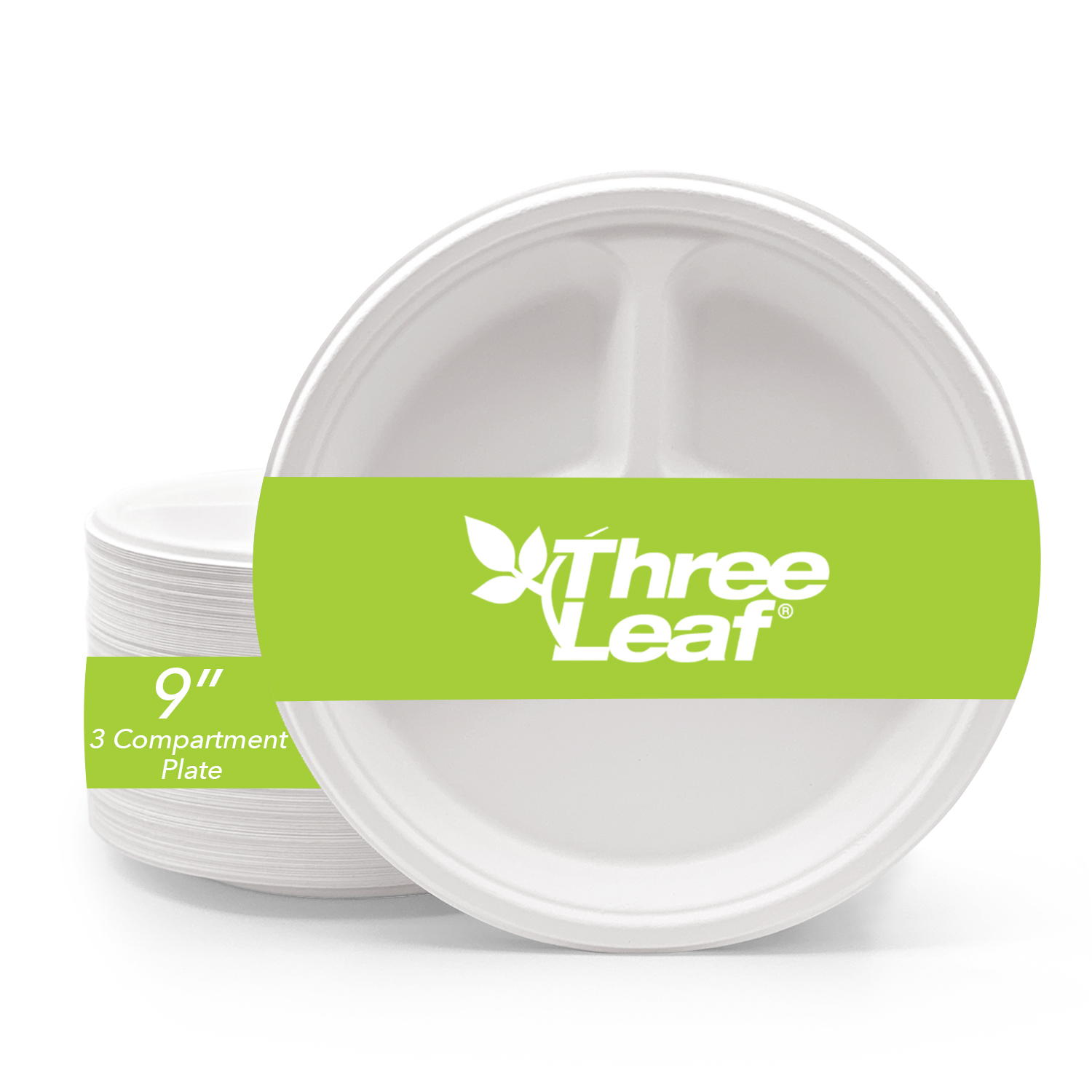 thumbnail video image 2 of Three Leaf 9” 3-Compartment Bagasse Round Disposable Plates 50 Ct Heavy-Duty Super Strong White Eco-Friendly Biodegradable Compostable Sugarcane Plates for Parties Catering BBQ and Events, 2 of 7