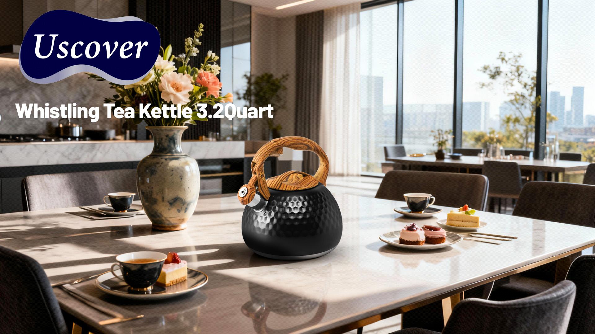 thumbnail video image 2 of Uscover 3.16 Quart Tea Kettle for Stove Top, Loud Whistling Kettle for Boiling Water Coffee or Milk, 3L Heavy Stainless Steel Black Teapot, 2 of 9