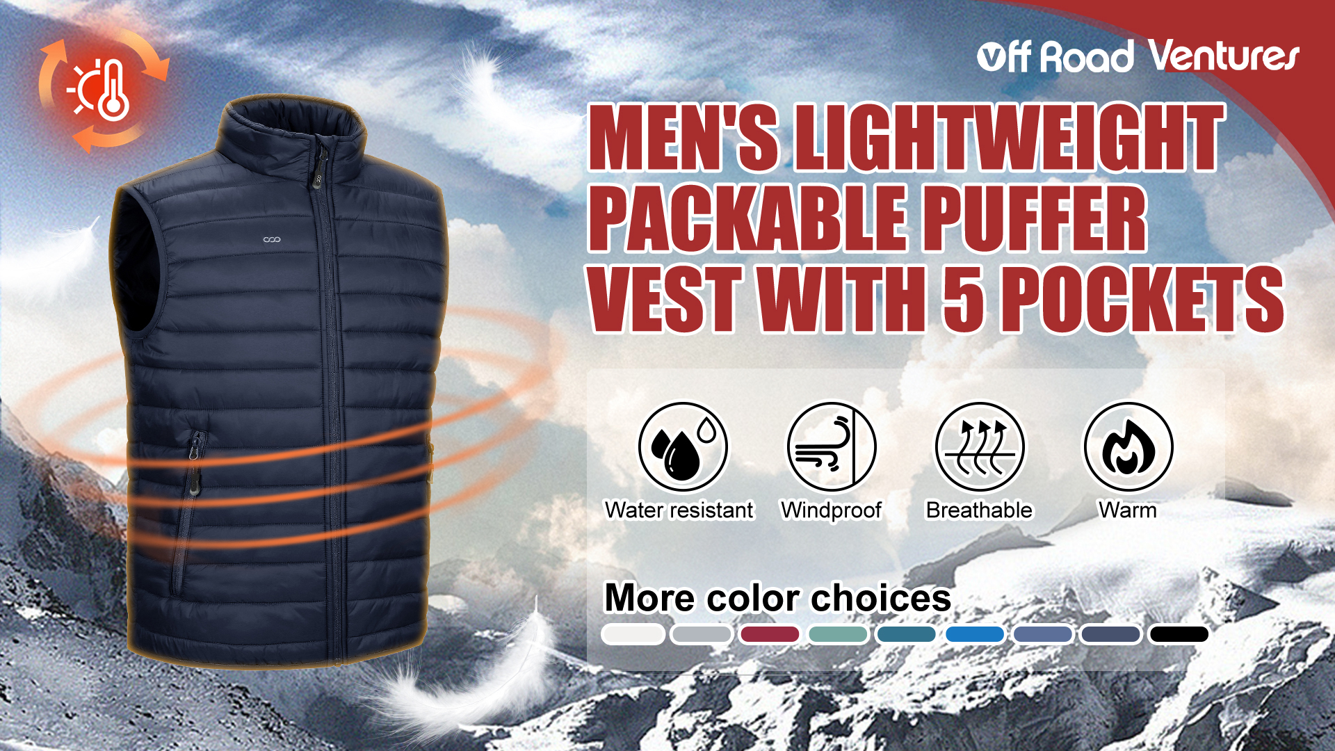 thumbnail video image 2 of Off Road Ventures Men's Packable Puffer Vest Lightweight Water-Resistant Sleeveless Down jacket Outerwear with Pockets, 2 of 8