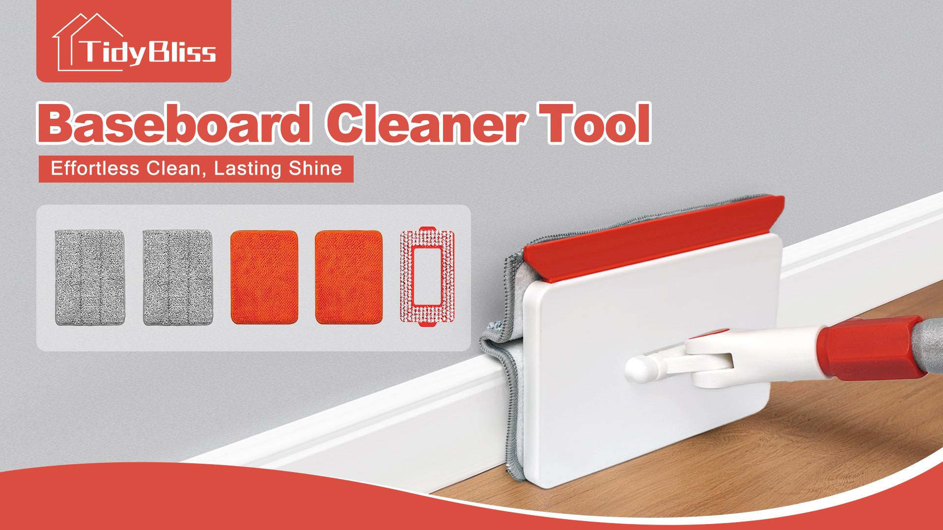thumbnail video image 2 of TidyBliss Baseboard Cleaner Tool, Wall Mop with 55.9" Long Handle (Red), 2 of 9