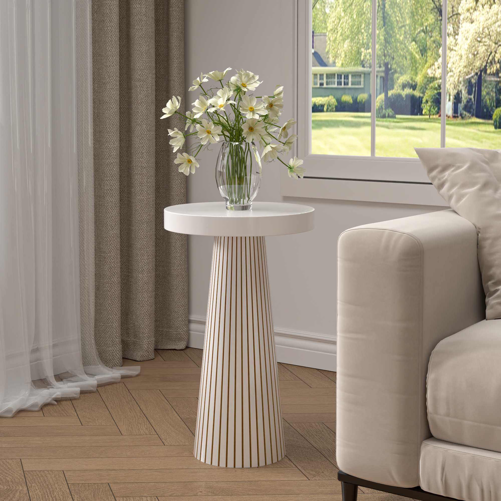 thumbnail video image 2 of Side Table, Small Round End Table with Fluted Accent, Mid-Century Modern Nightstand for Small Space Living Room, Bedroom, 2 of 8