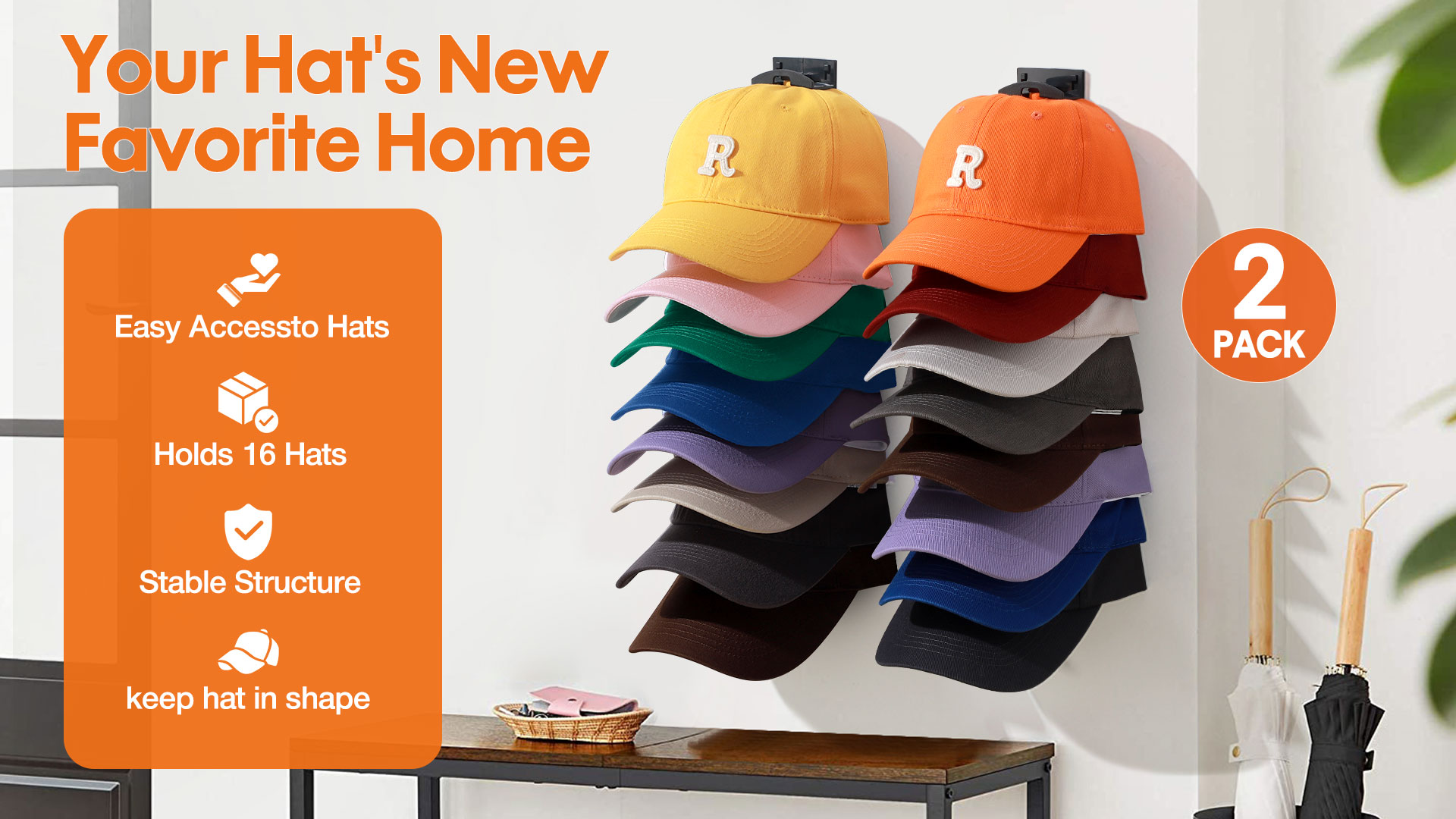 thumbnail video image 2 of Livhil Hat Organizer for Baseball Caps 2Pack, Hat Rack for Wall with Strong Adhesive Hold up to 20 Hats, Hat Hanger Holder Display for Door Closet, 2 of 8