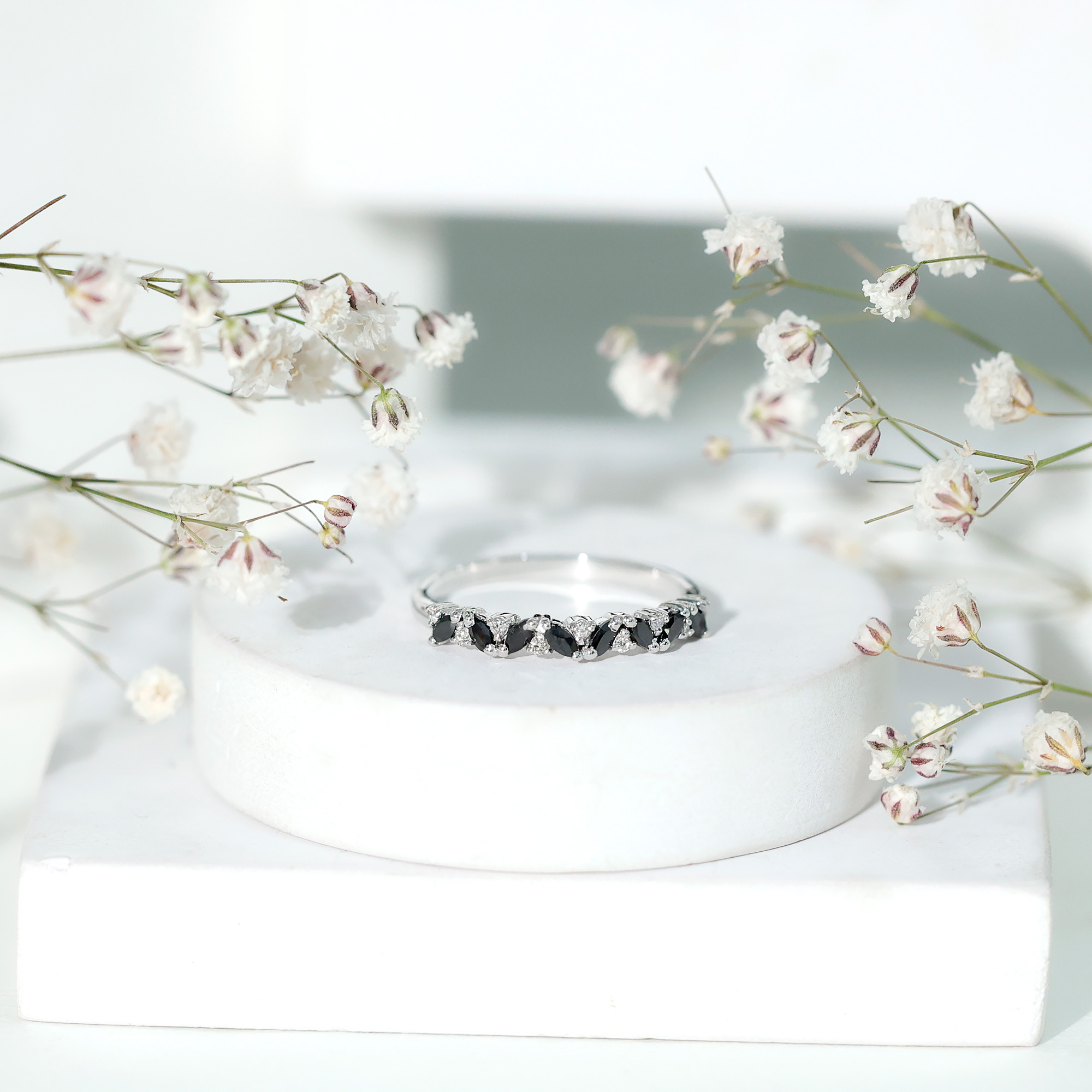 thumbnail video image 2 of Rosec Jewels Semi Eternity Ring with Black Spinel and Diamond for Women (0.25 CT, AAA Grade), 10K White Gold, US 5.50, 2 of 8