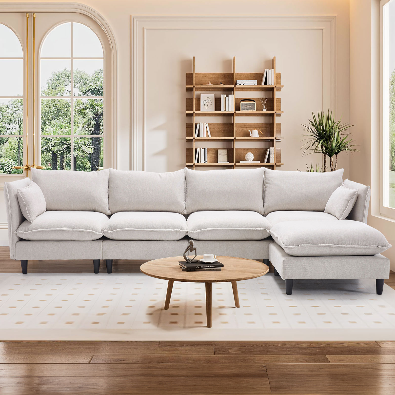 thumbnail video image 2 of JONPONY 126" Sectional Sofa for Living Room, L-Shaped Cloud Couch with 4 Oversized Seats Sleeper Sofa Set with Double Chaise,Wood Legs,Movable Ottoman for Living Room,Beige, 2 of 10