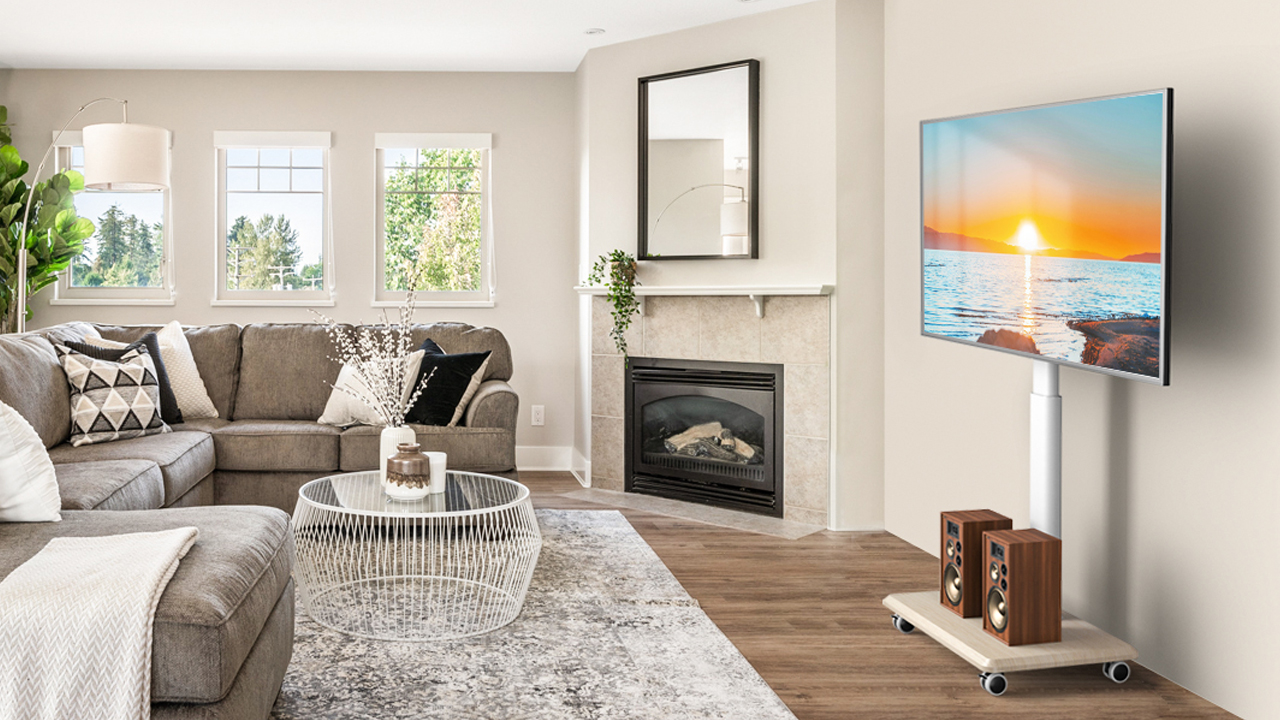 thumbnail video image 2 of RTVR Modern Rolling TV Stand for 32 to 70 inch Screens, White Floor Portable TV Stand with Wooden Base, 2 of 12